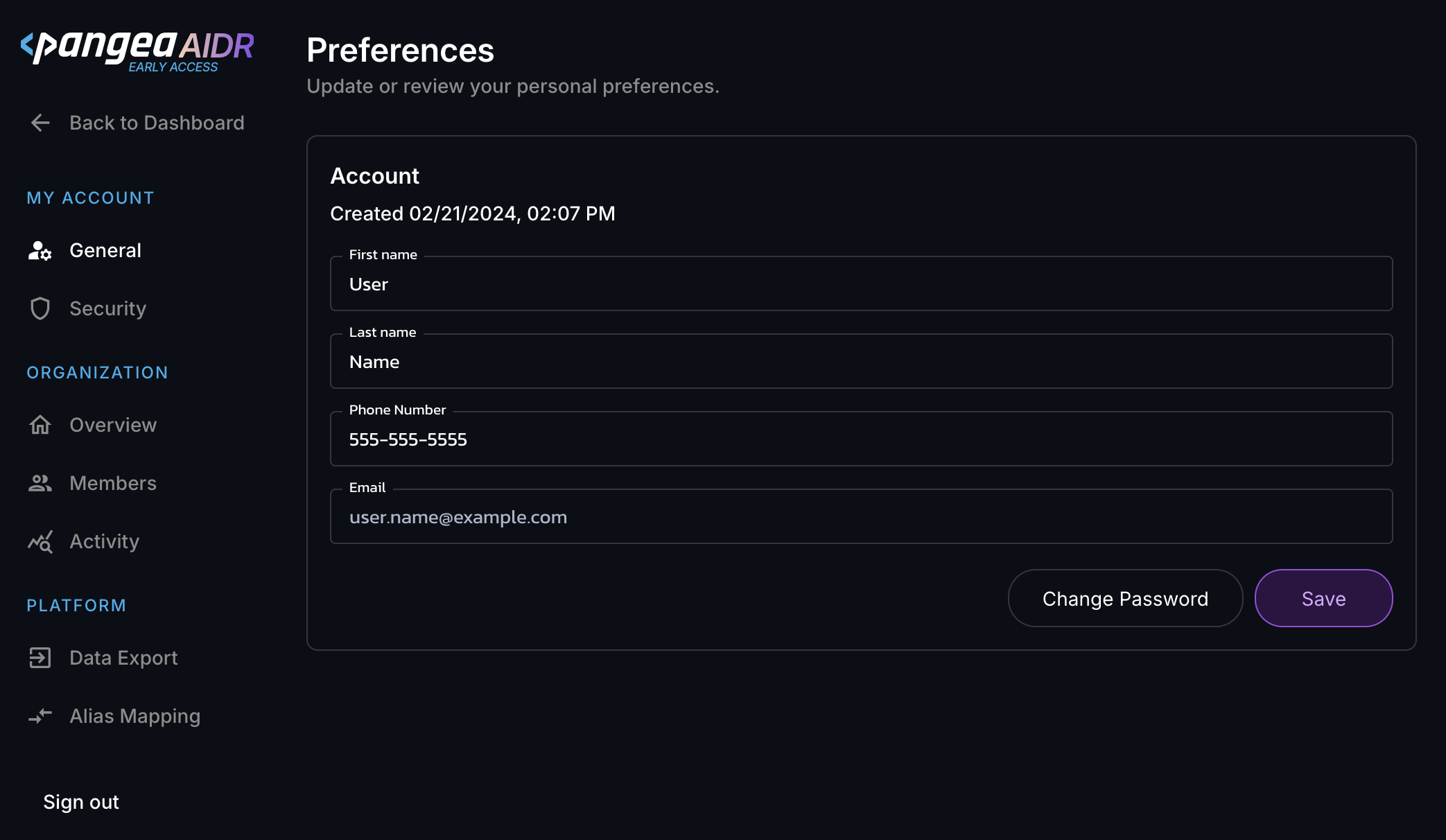 Account details on the MY ACCOUNT &gt; General page in the AIDR console