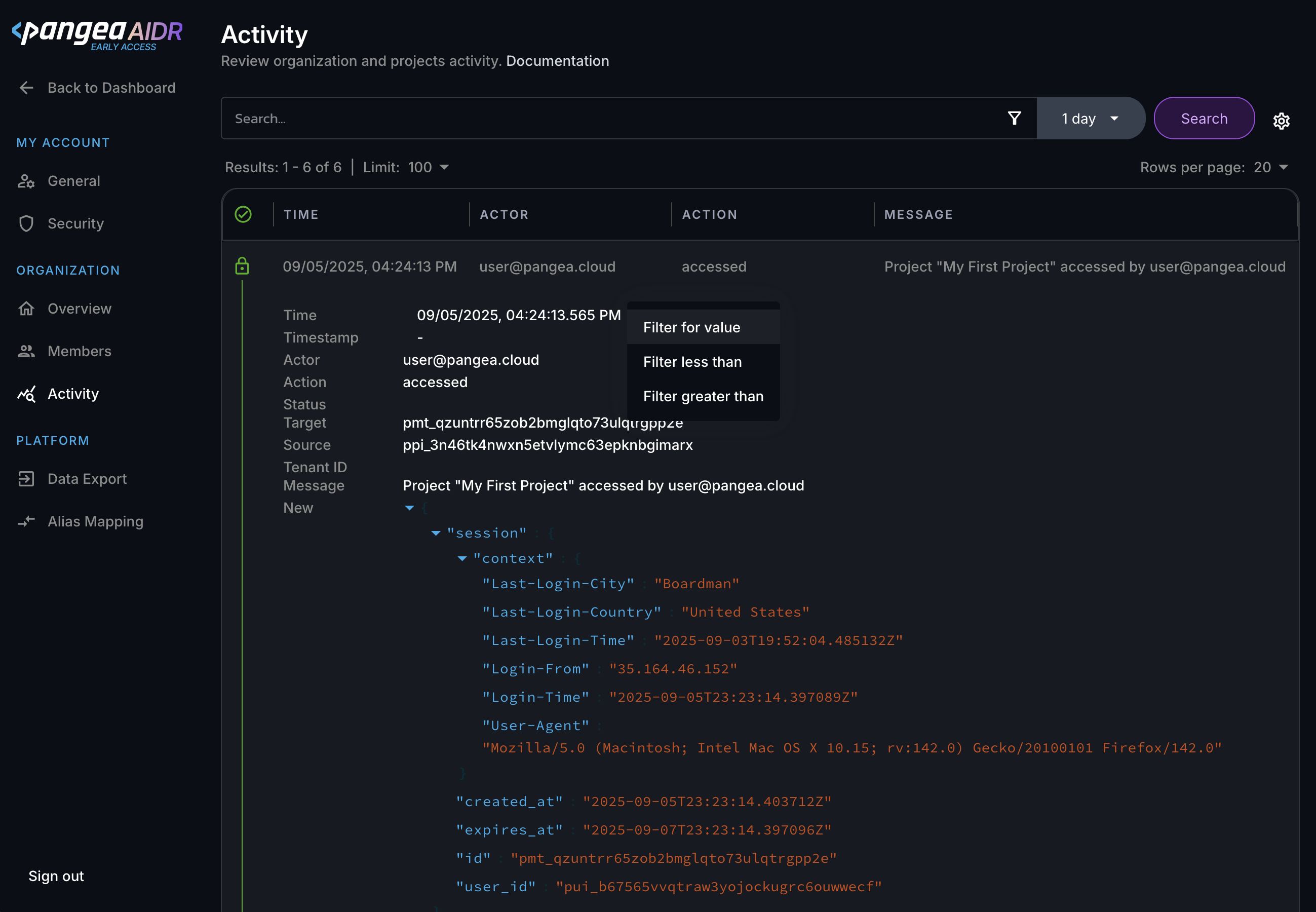 Time filter in log details on the Activity page in the AIDR console settings