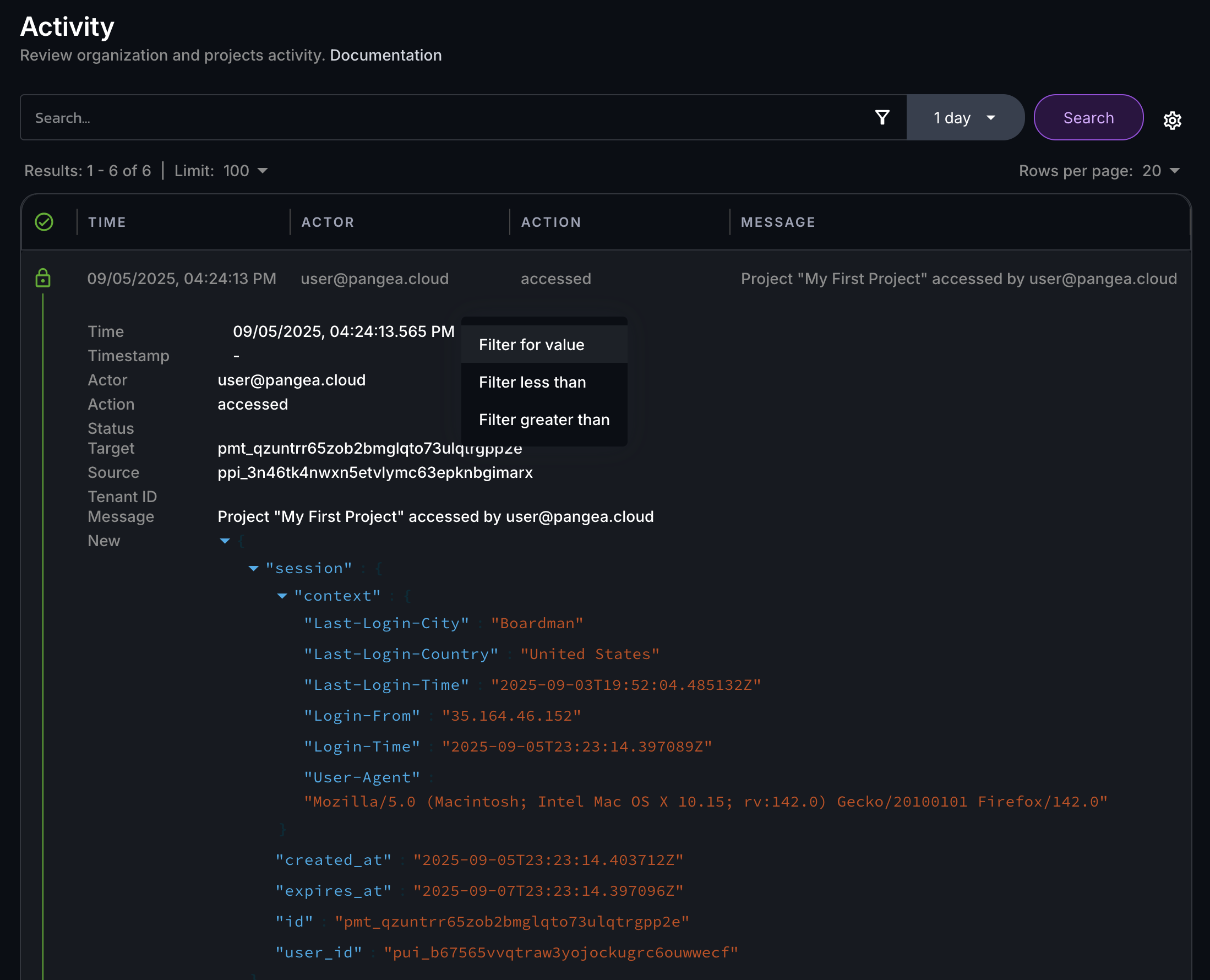 Time filter in log details on the Activity page in the AIDR console settings