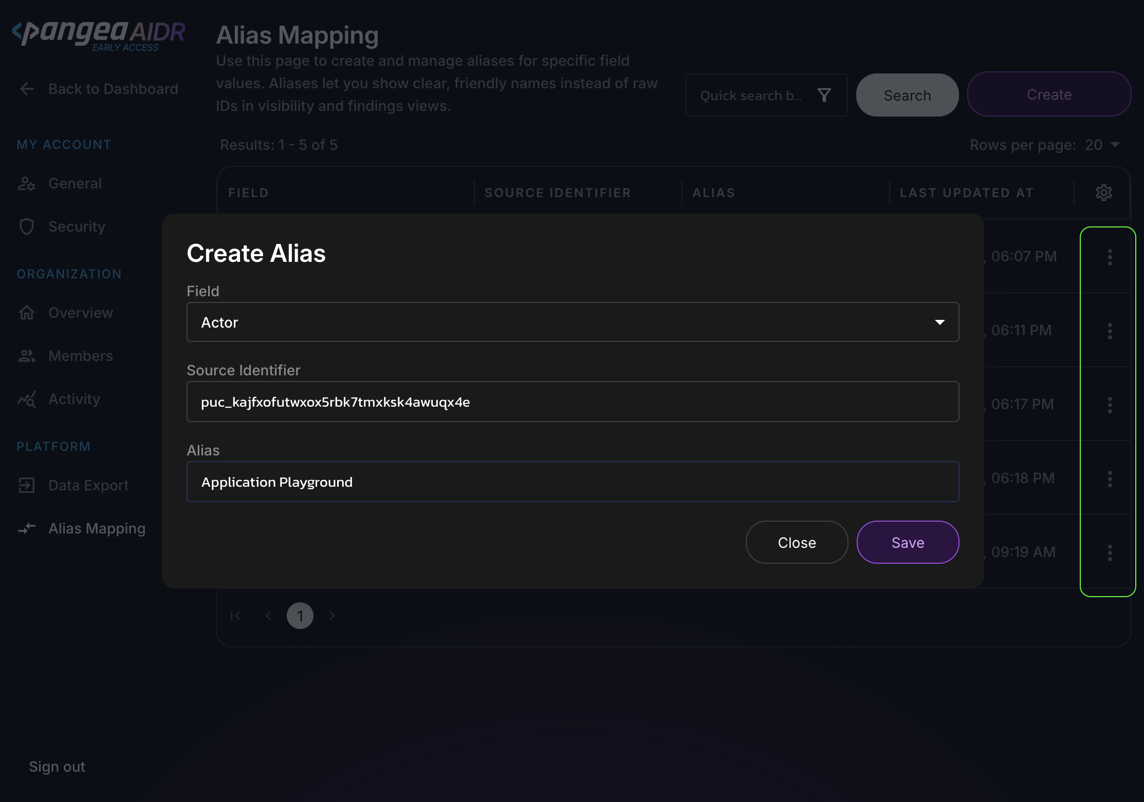 Create Alias dialog on the Alias Mapping page in the AIDR console settings