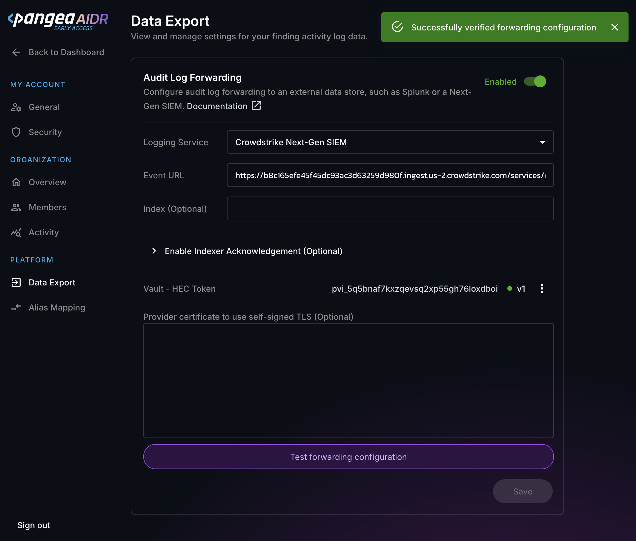 Successfully tested log forwarding configuration on the Audit Log Forwarding settings page in the Pangea User Console