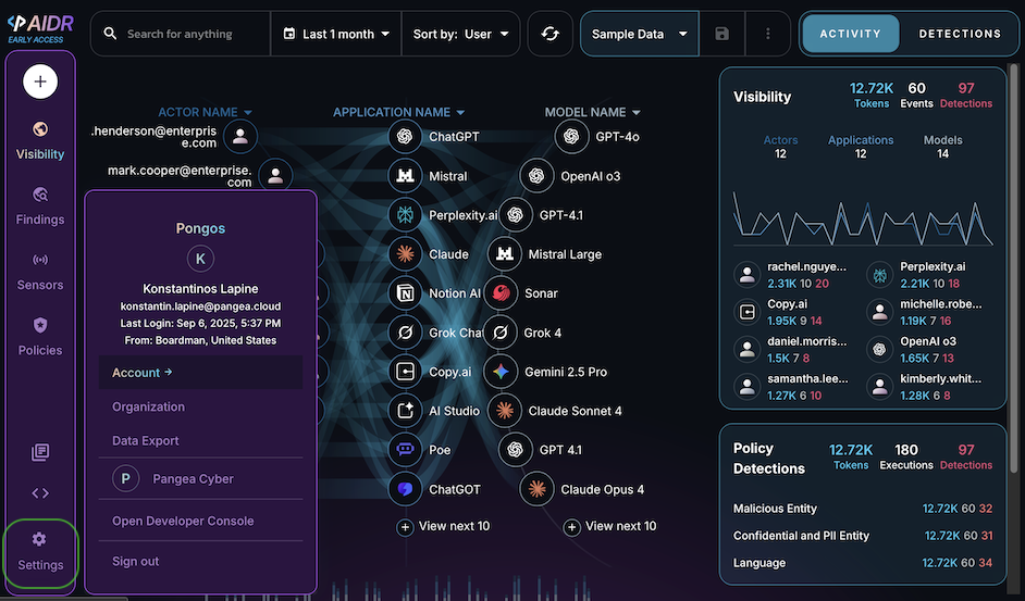 Settings menu in the AIDR console showing shortcuts to various configuration pages