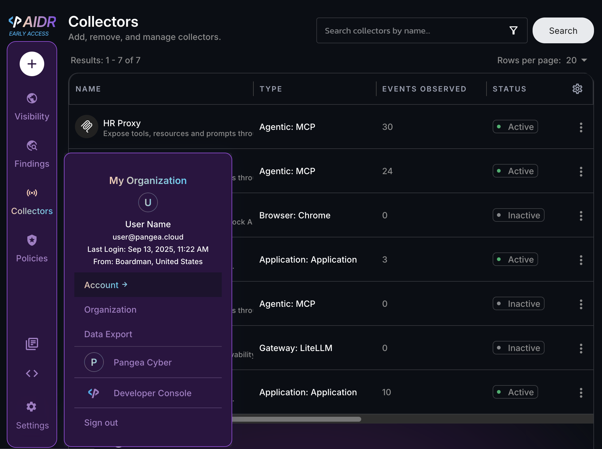 Settings menu in the AIDR console showing shortcuts to various configuration pages