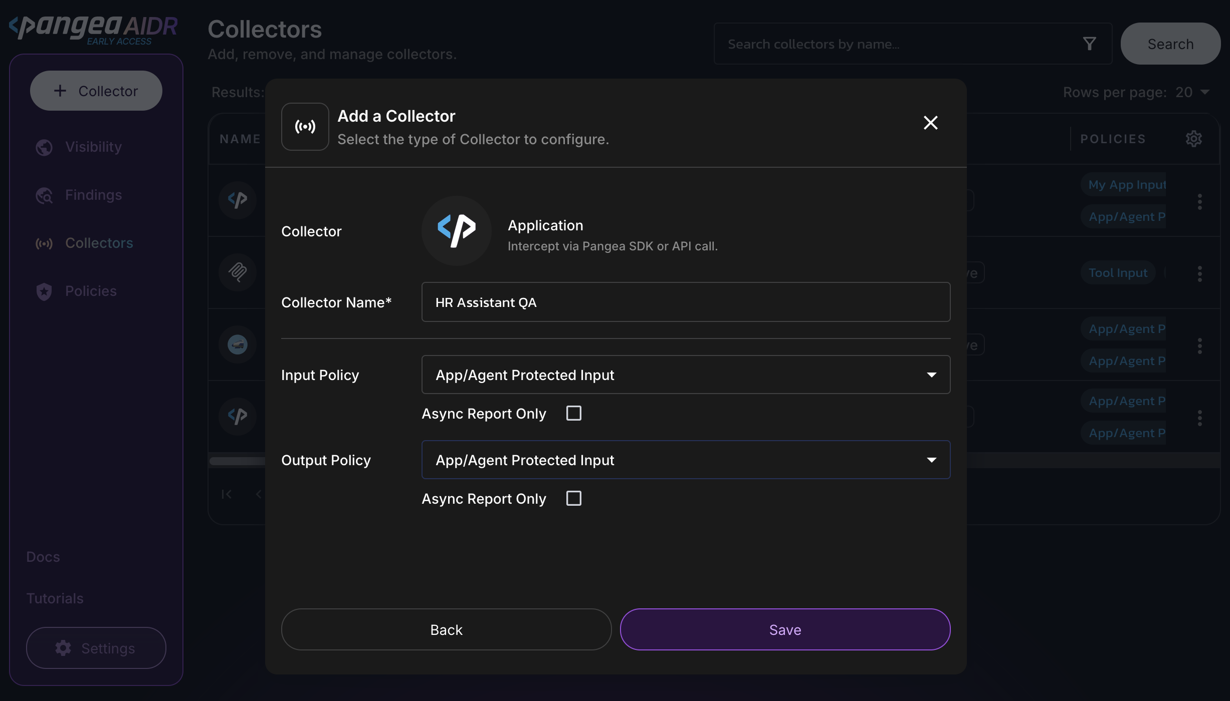 Add a Collector dialog for Application type collector in the AIDR console