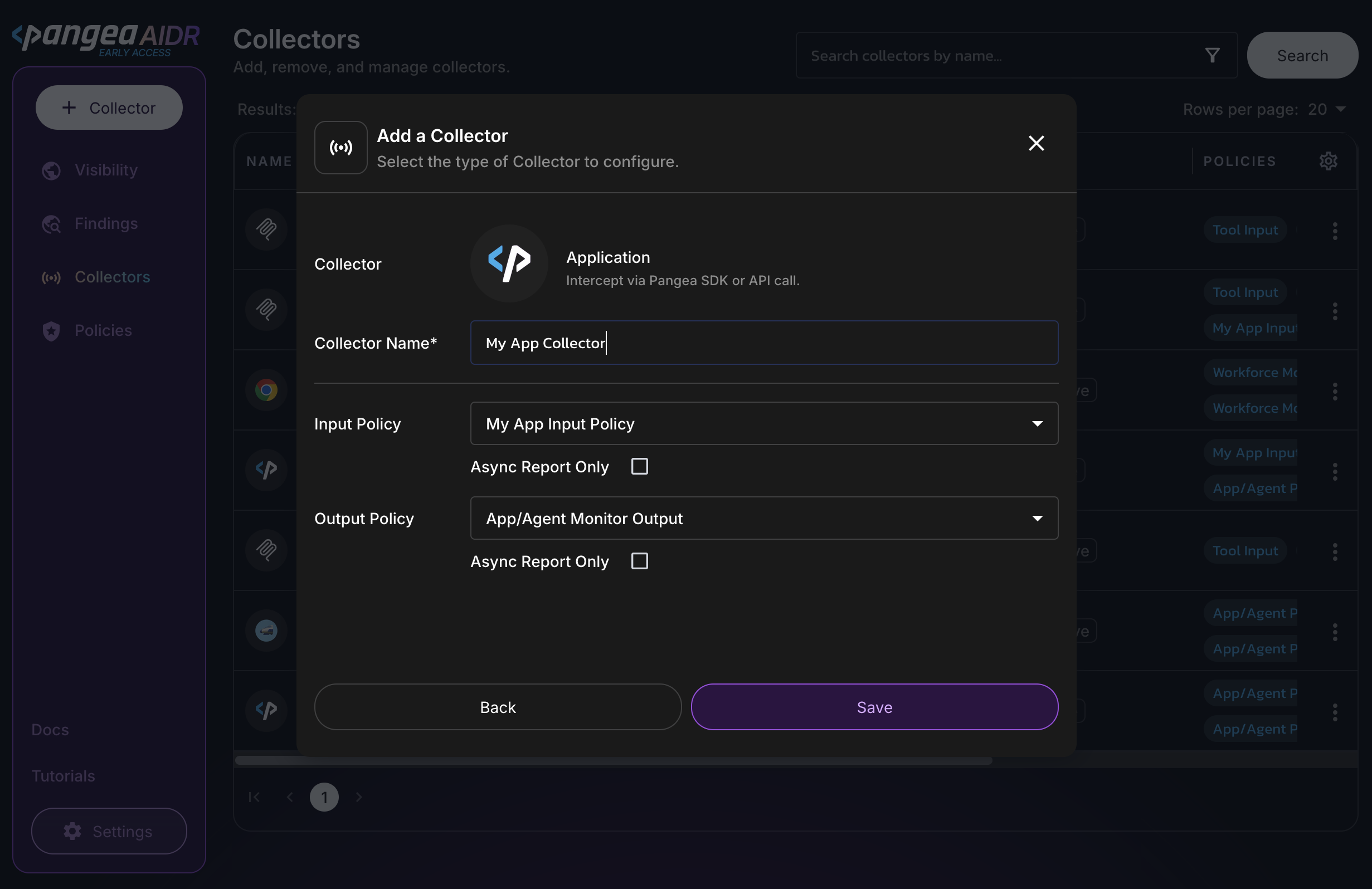 Add a Collector dialog for Application type collector in the AIDR console