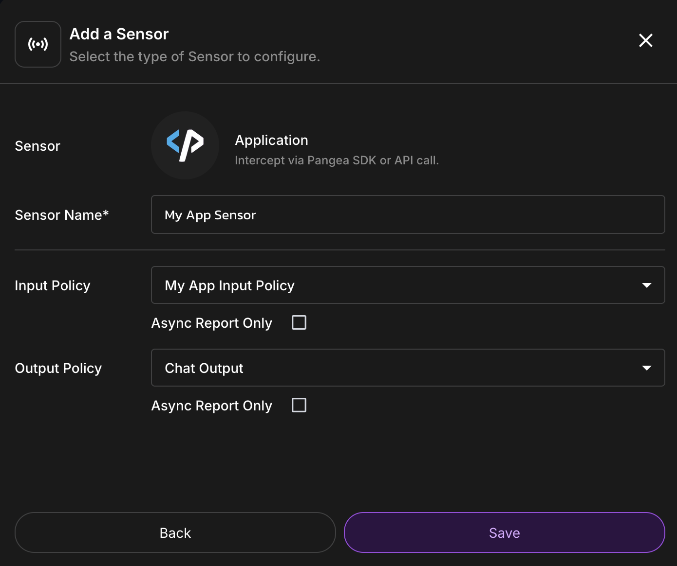 Add a Collector dialog for Application type collector in the AIDR console