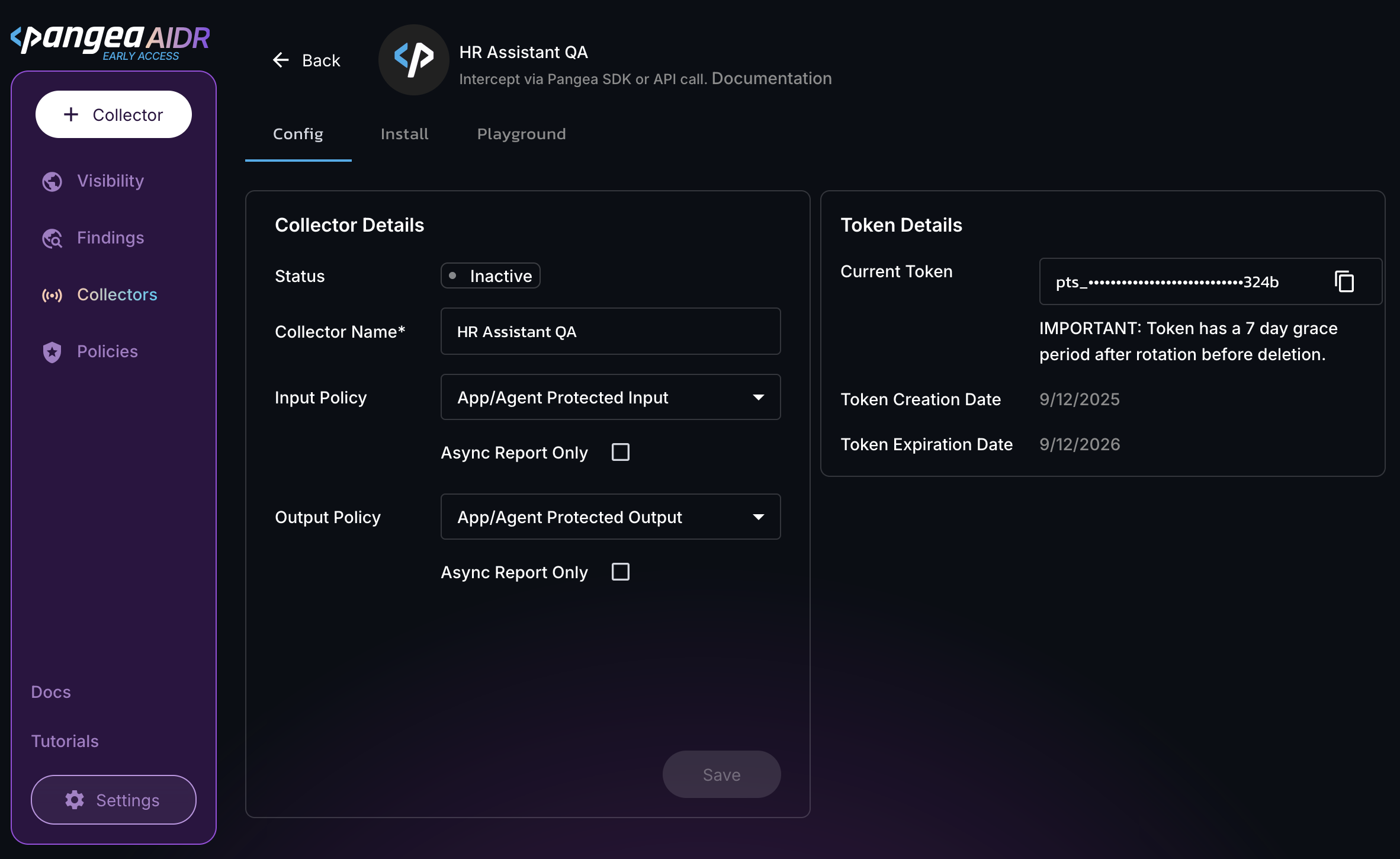 Config tab view on the Collector details page in the AIDR console