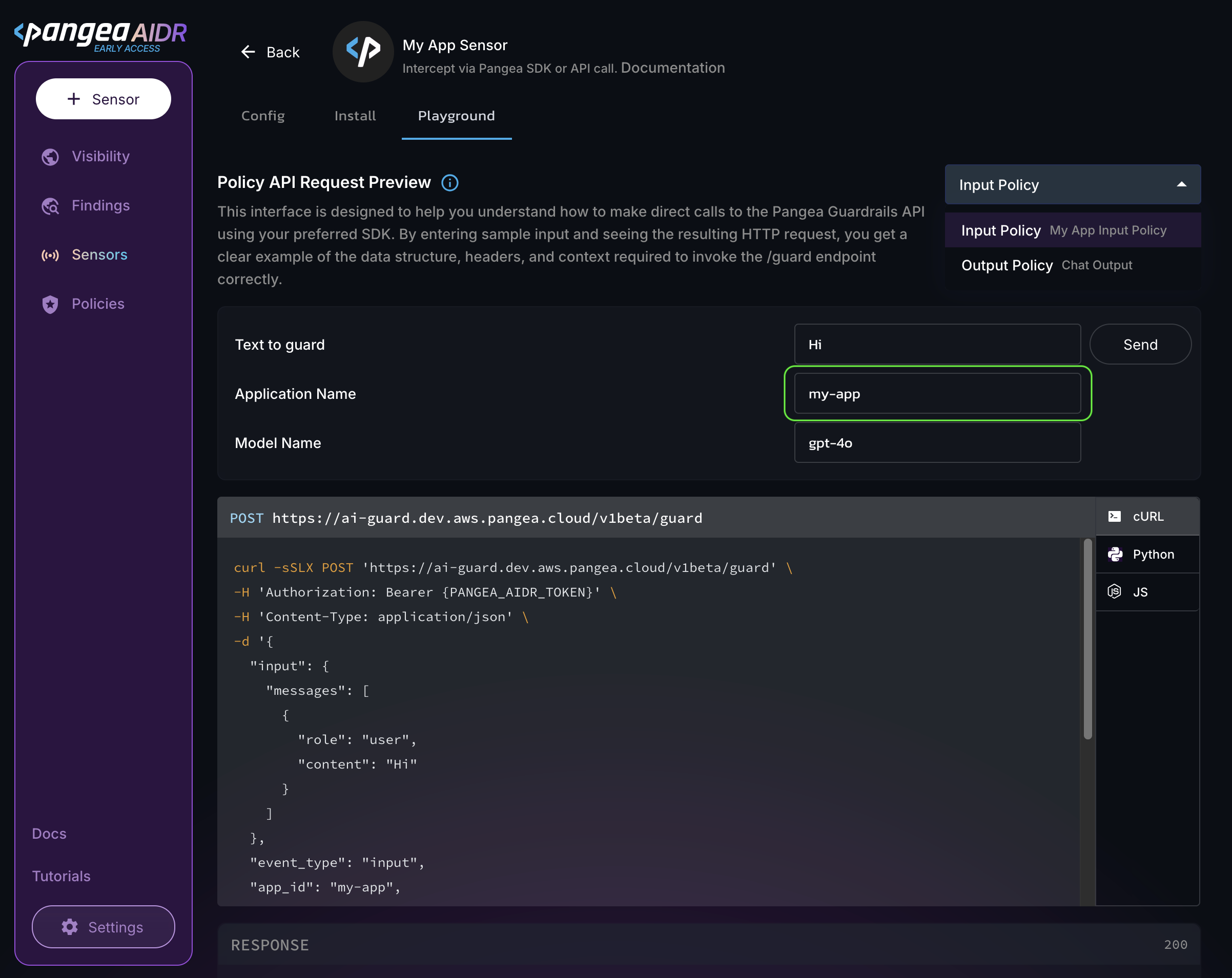 Playground tab of an Application collector details page with Application Name set to my-app in the AIDR console
