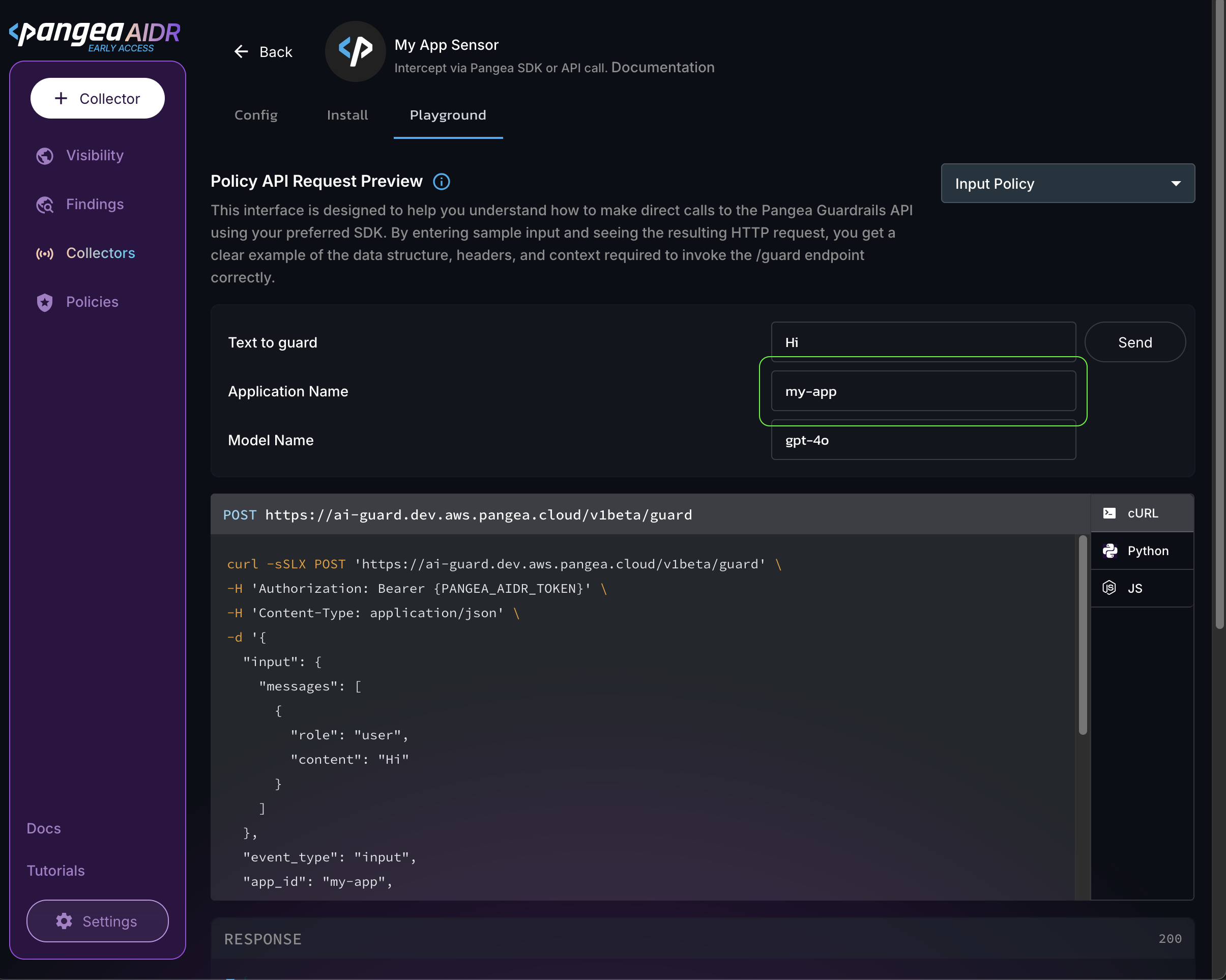 Playground tab of an Application collector details page with Application Name set to my-app in the AIDR console