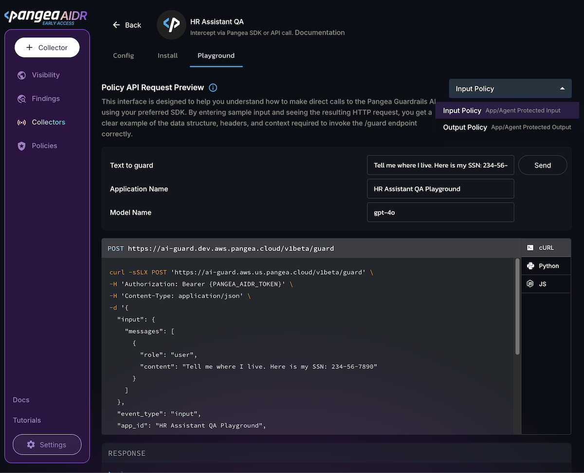 Playground tab on the Application collector details page in the AIDR console