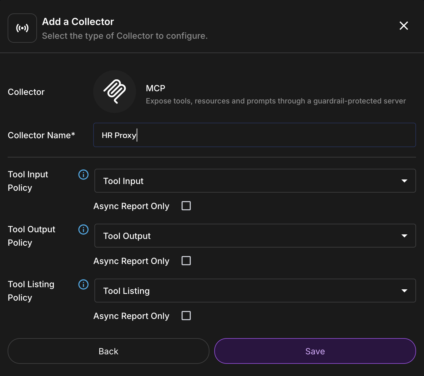 Add a Collector dialog for MCP type collector in the AIDR console