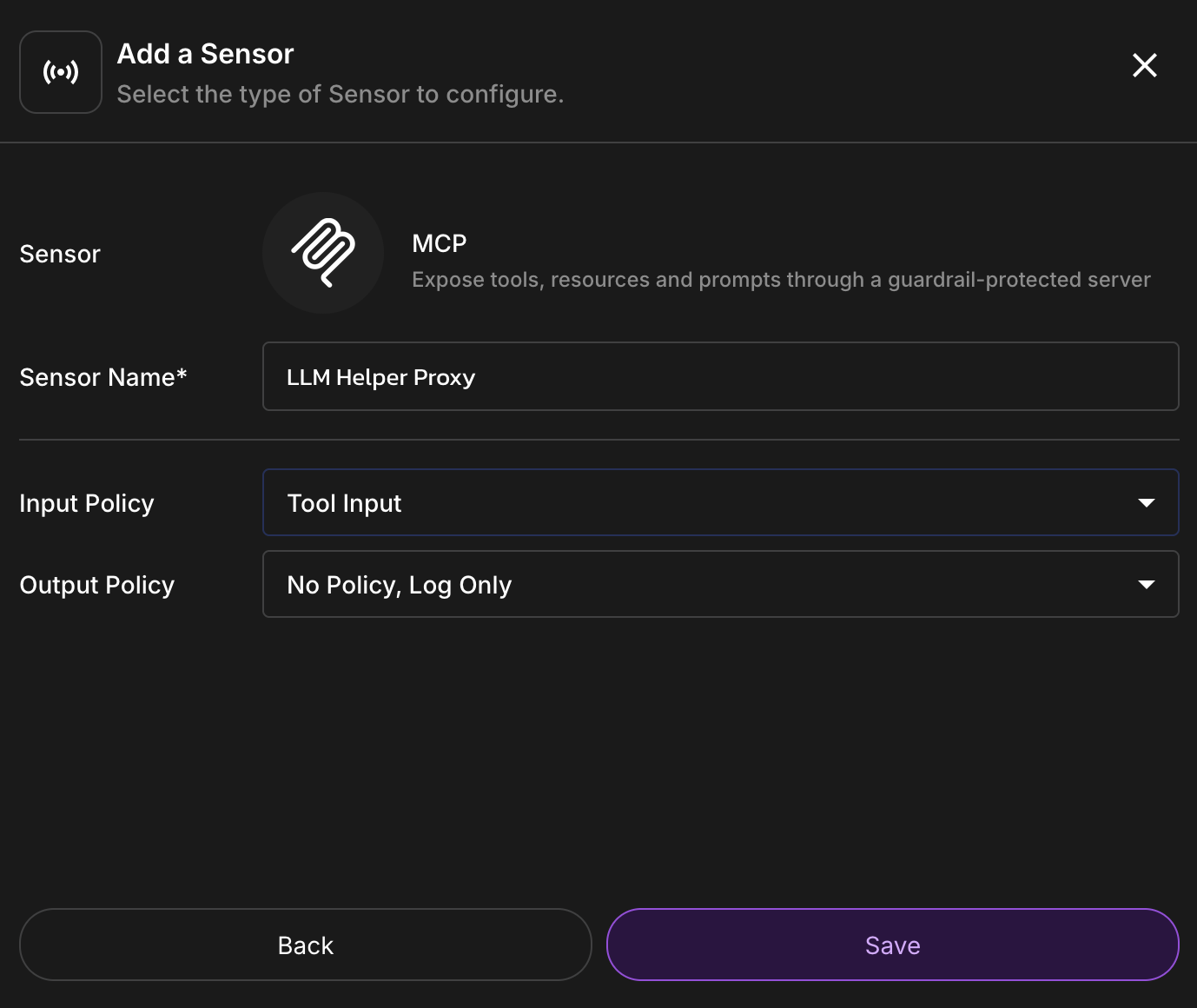 MCP collector Config page in the AIDR admin console with Tool Input and Tool Output policies assigned