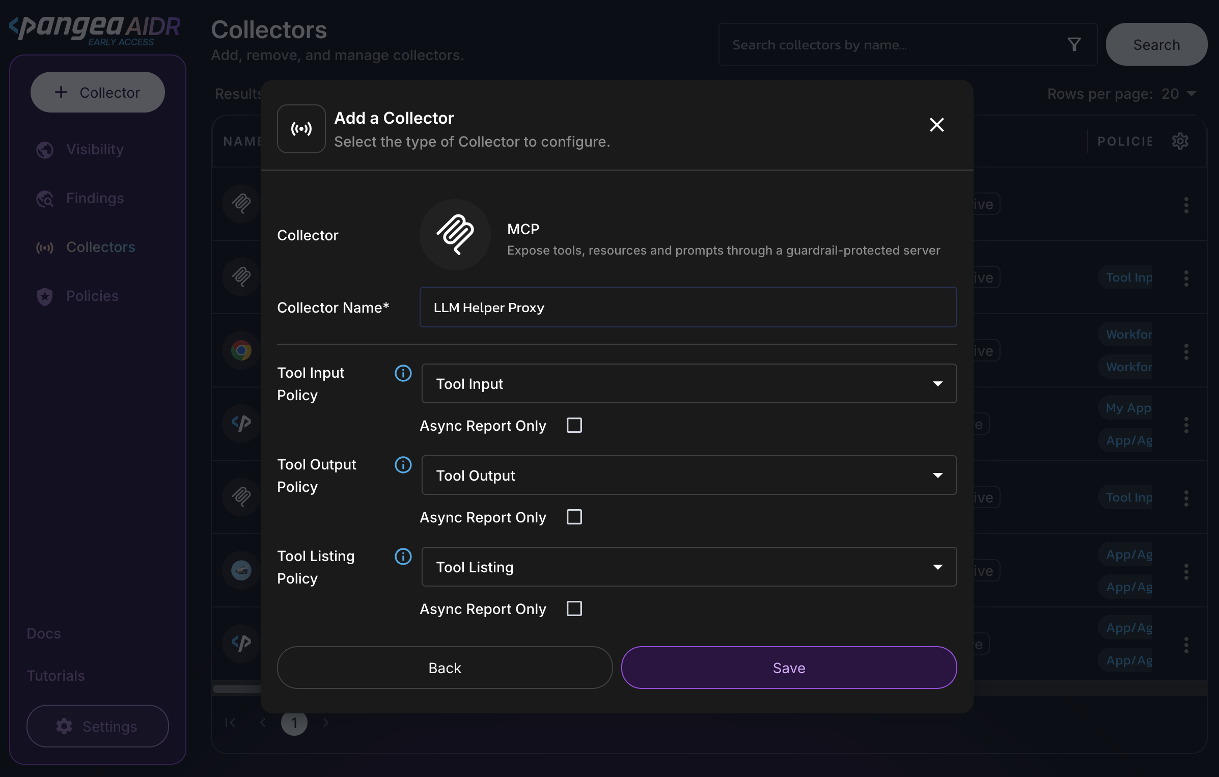 MCP collector Config page in the AIDR admin console with Tool Input and Tool Output policies assigned