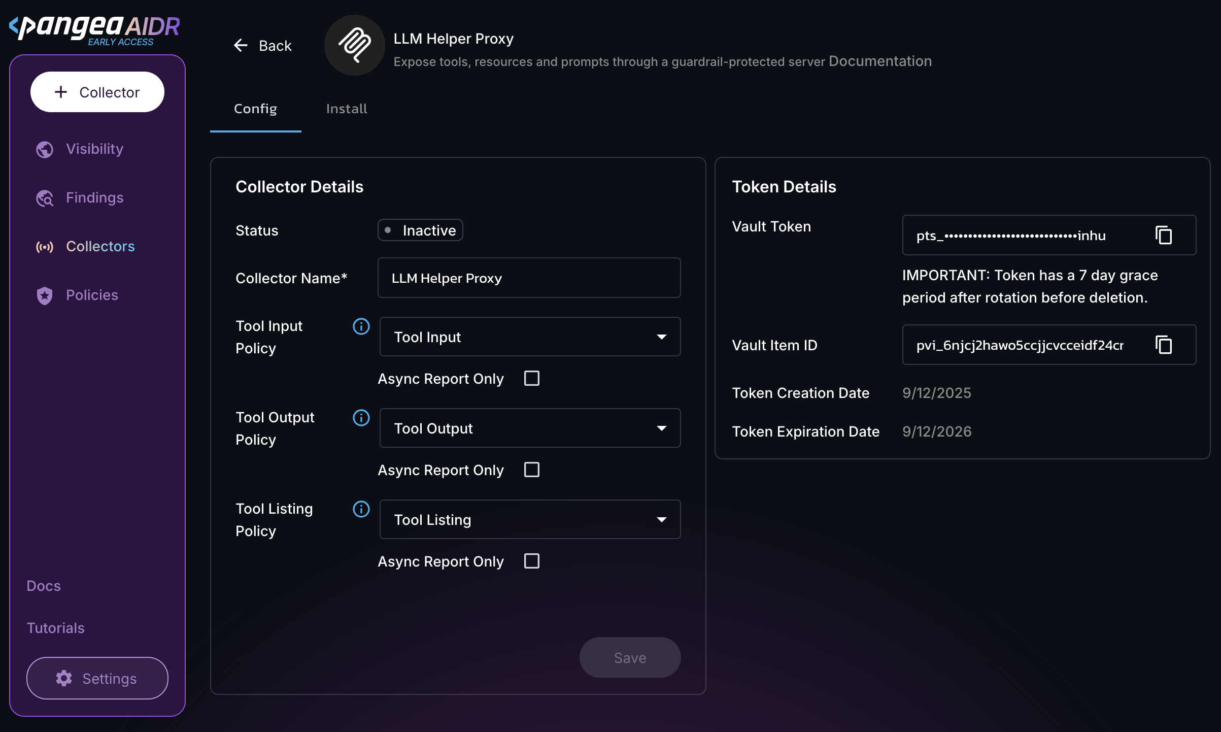 MCP collector Config page in the AIDR admin console