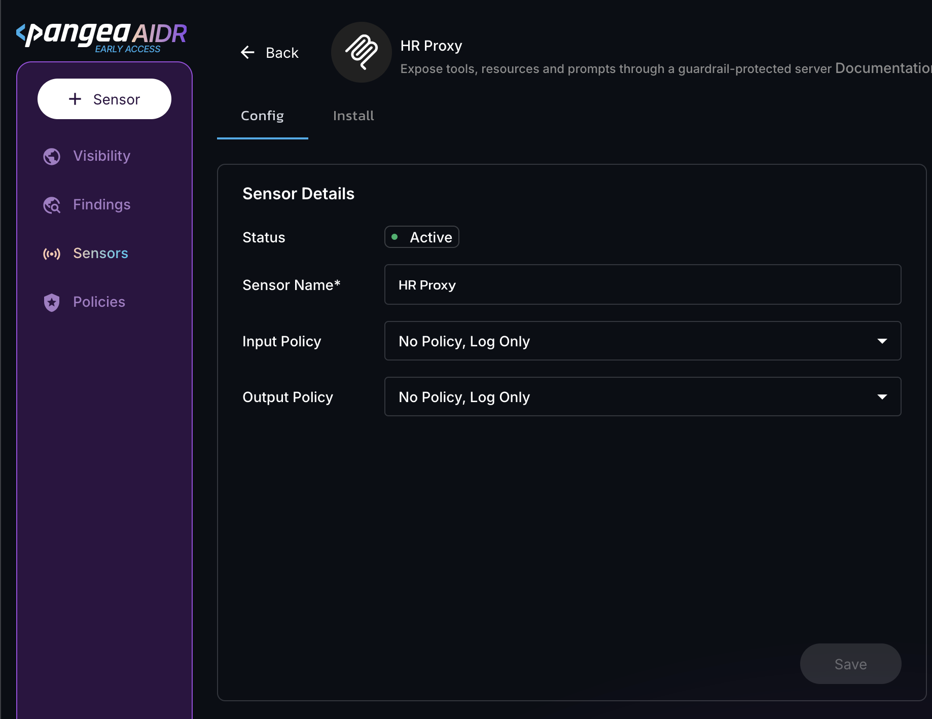 MCP collector Config page in the AIDR admin console with Input and Output policies unassigned