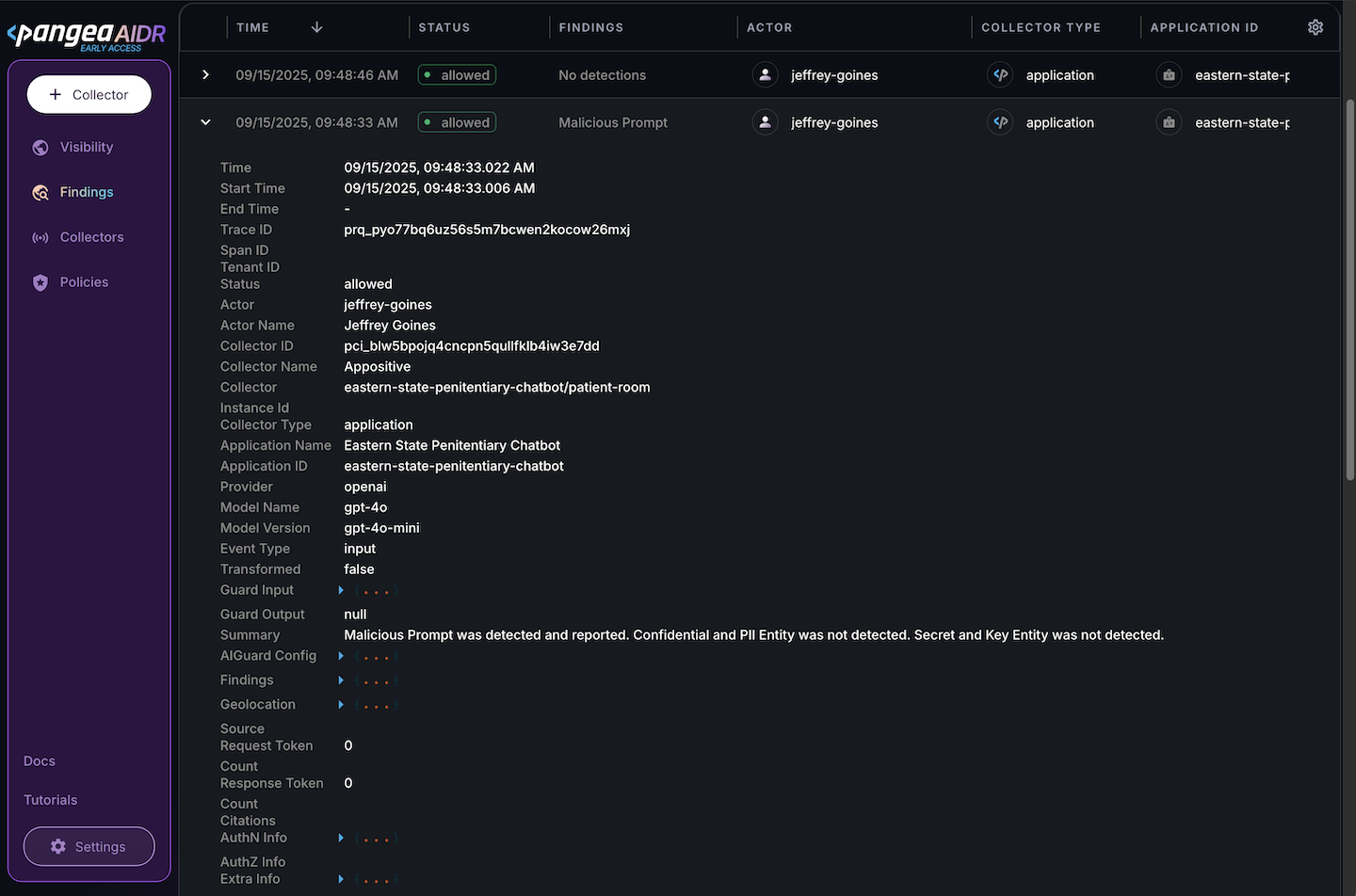 Log details view on the Findings page in the AIDR console