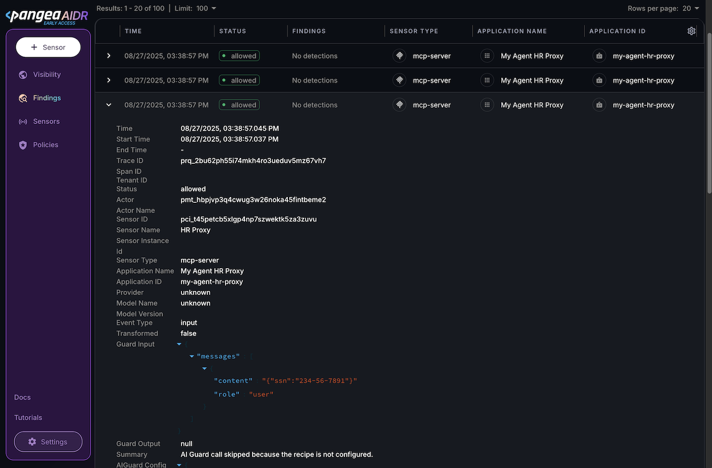 MCP collector logs on the Findings page in the AIDR console