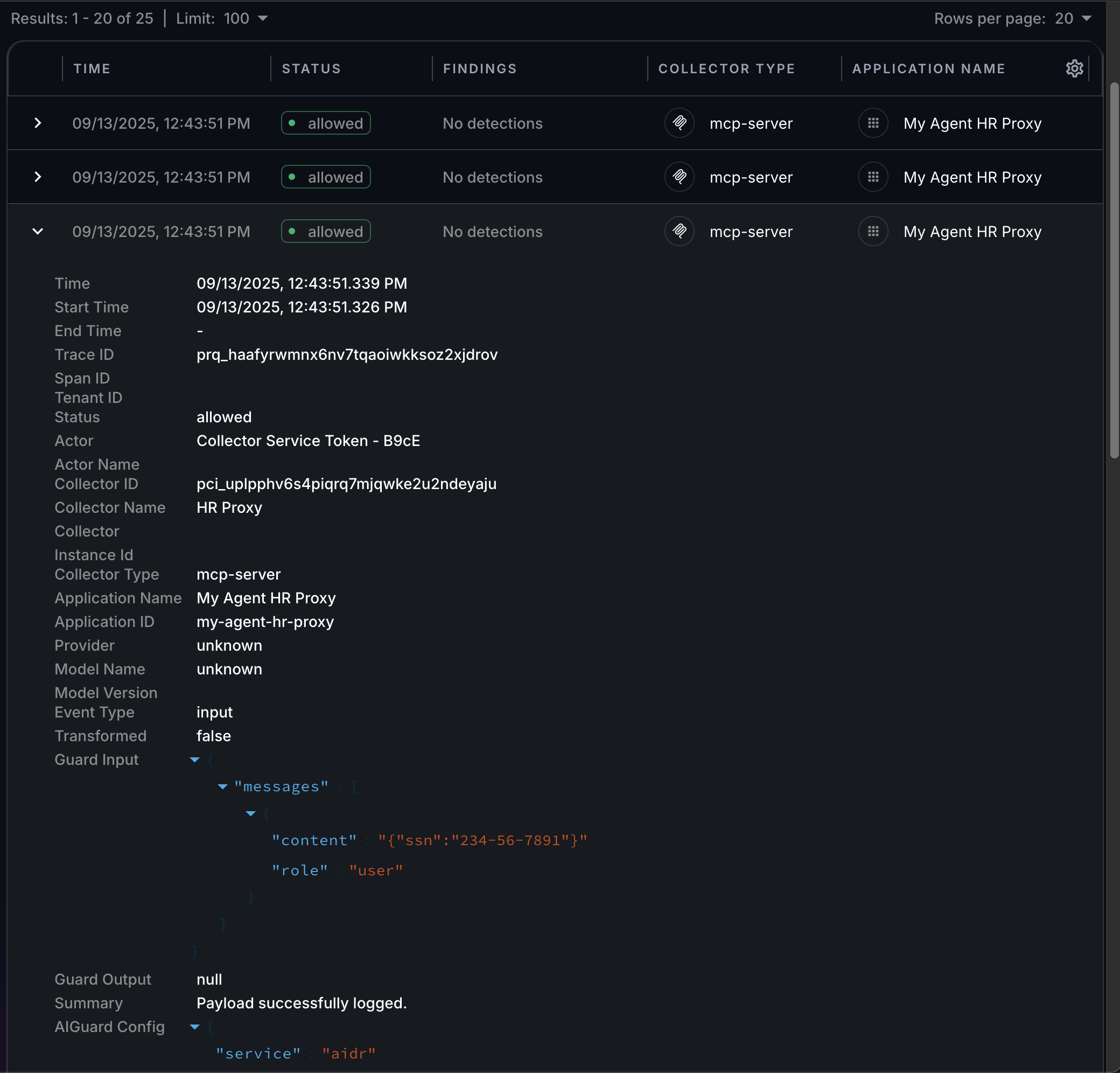 MCP collector logs on the Findings page in the AIDR console