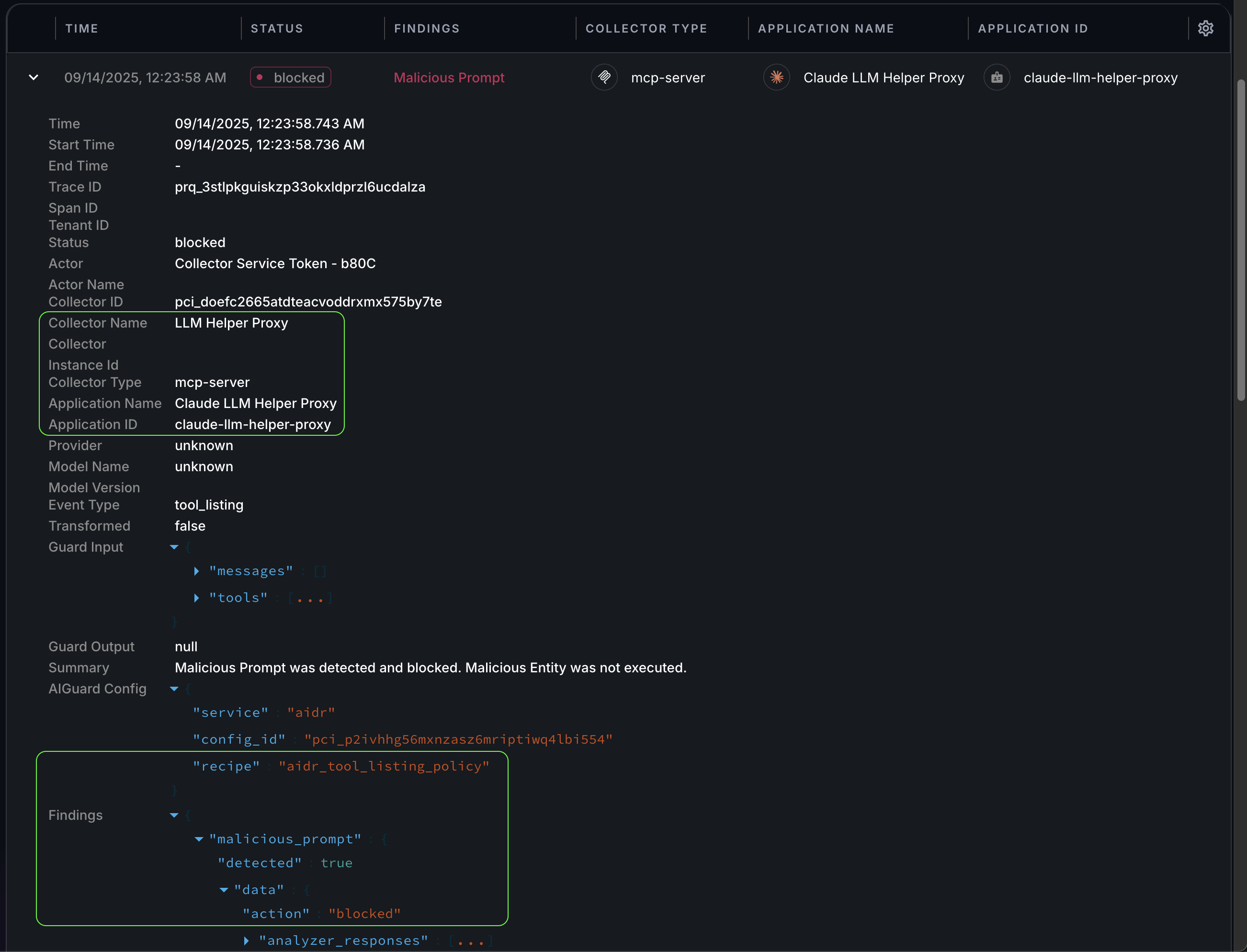 Expanded blocked Malicious Prompt event from an MCP collector on the Findings page in the AIDR console