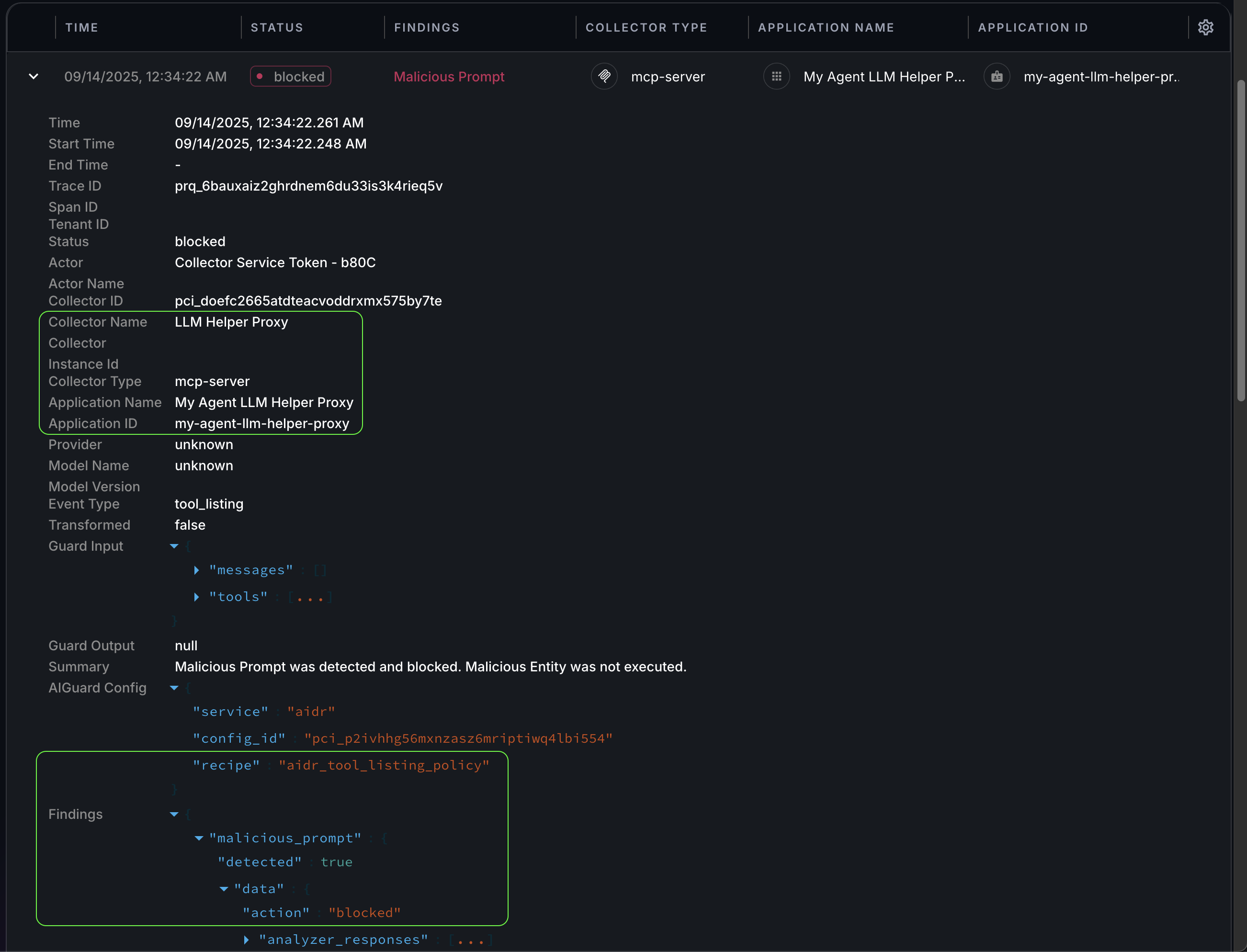 Expanded blocked Malicious Prompt event from an MCP collector on the Findings page in the AIDR console
