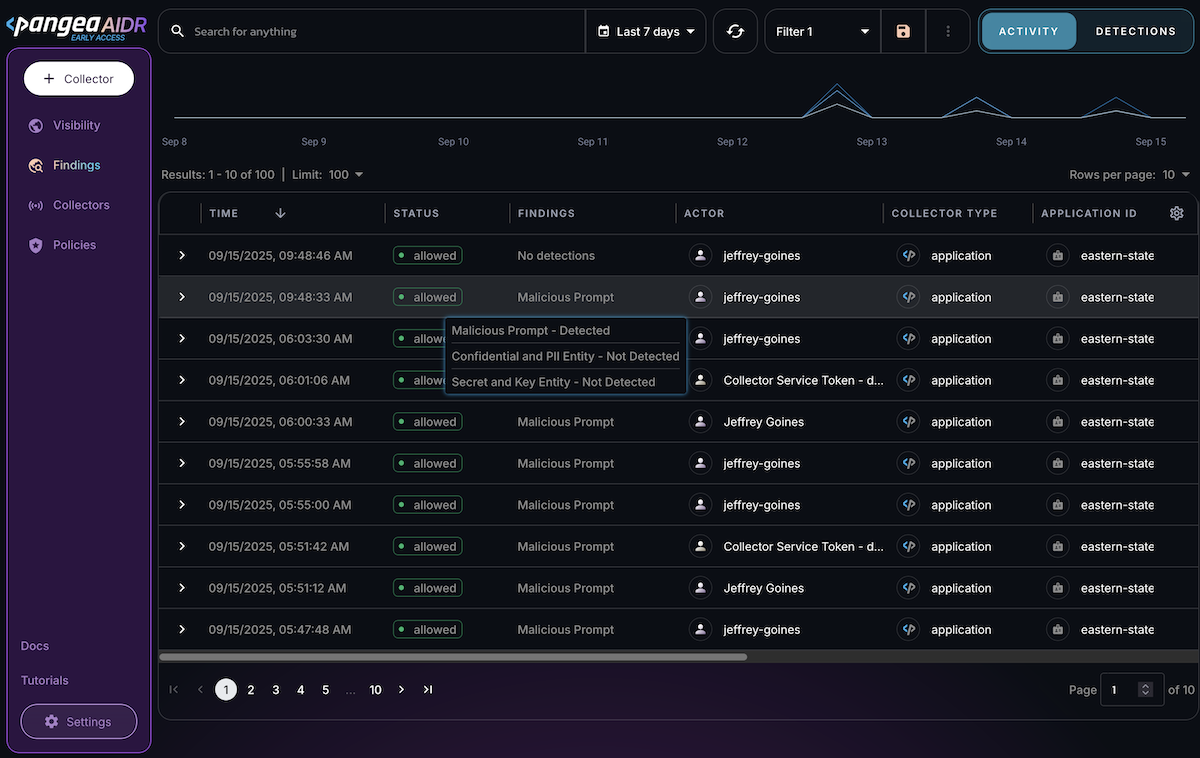 Logs table on the Findings page in the AIDR console