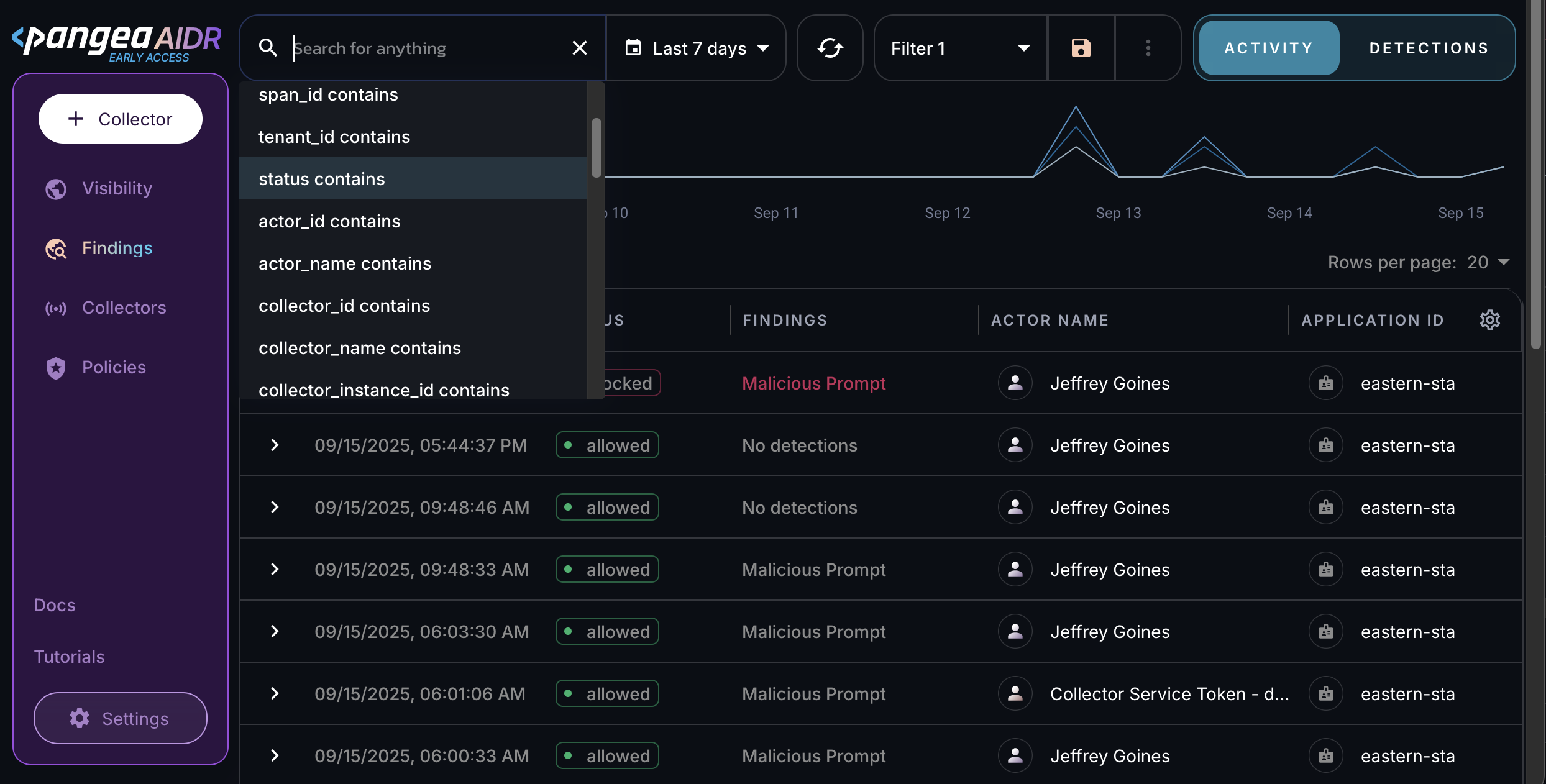 Search bar dropdown on the Findings page in the AIDR console