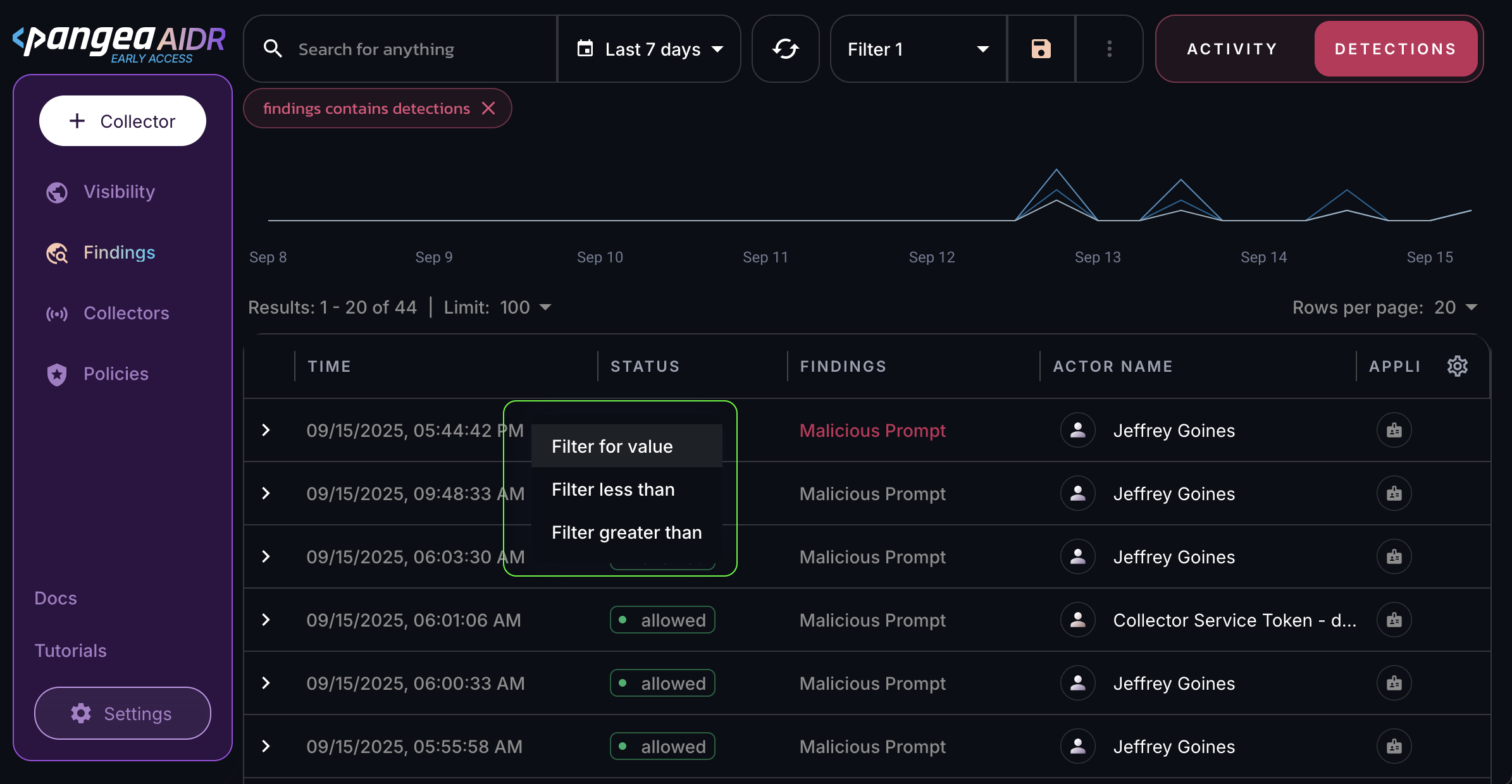 Logs table with timestamp filter options for a specific event on the Findings page in the AIDR console