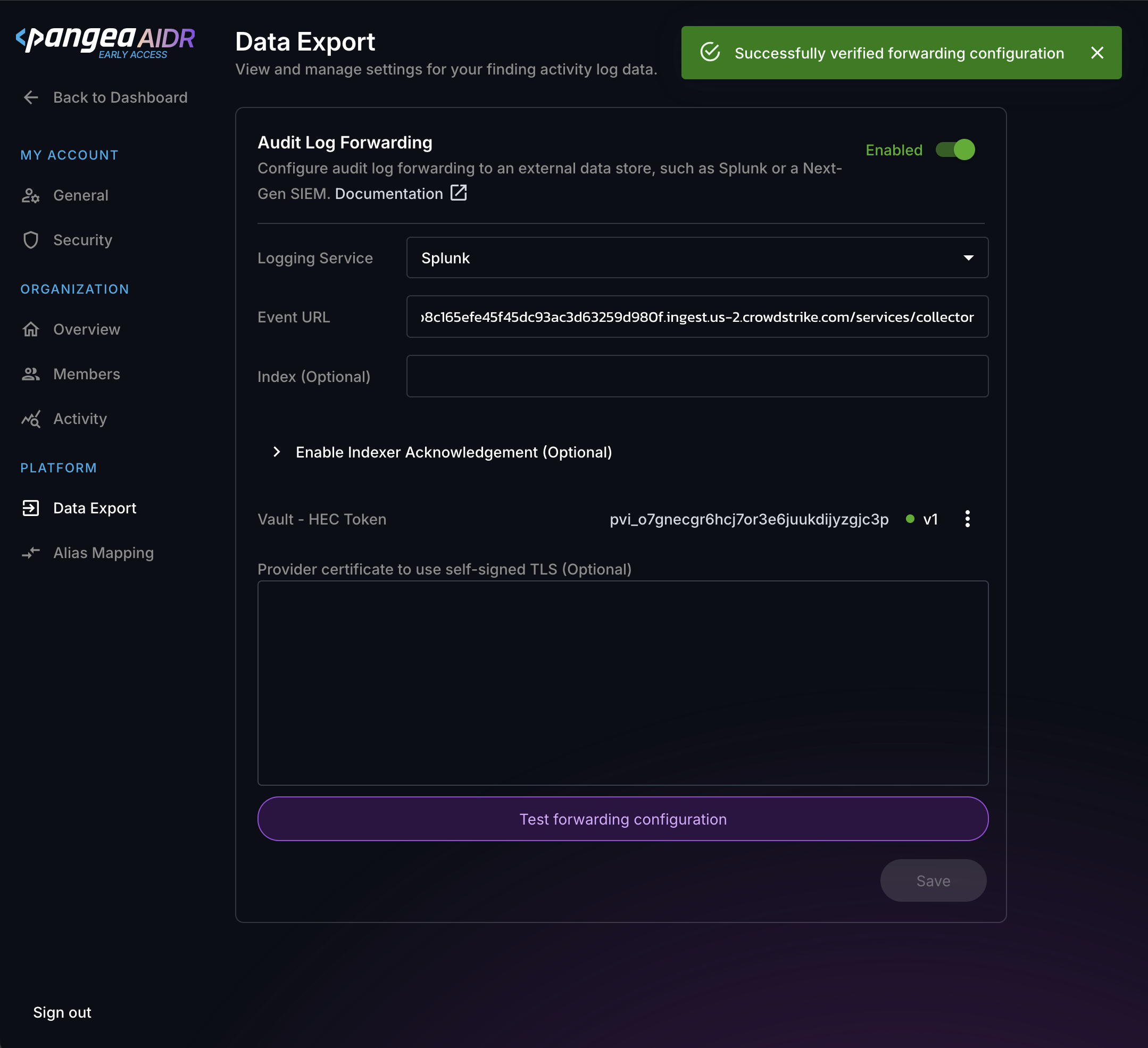 Successfully tested log forwarding configuration on the Audit Log Forwarding settings page in the Pangea User Console