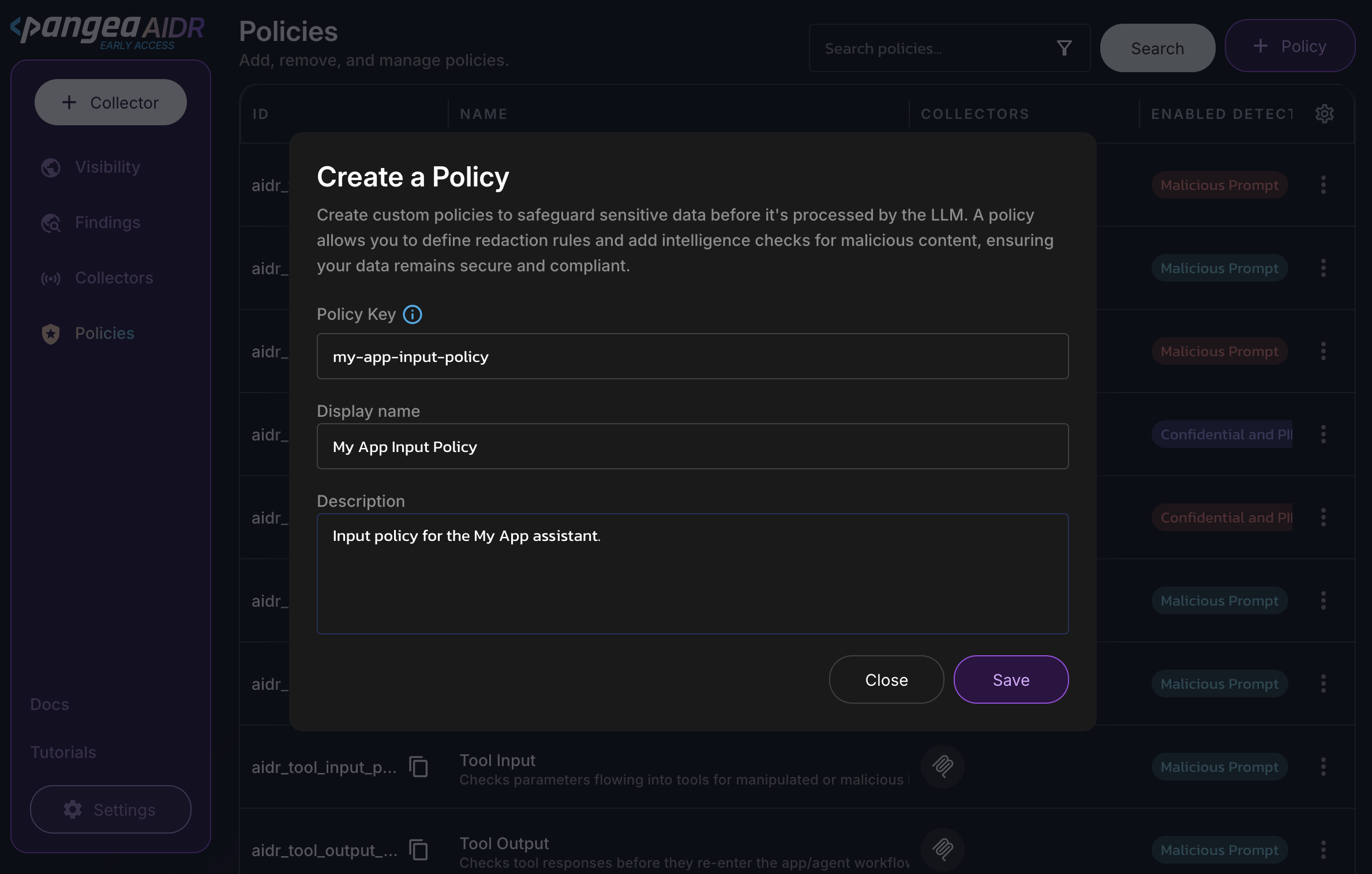 Create a Policy dialog in the AIDR console