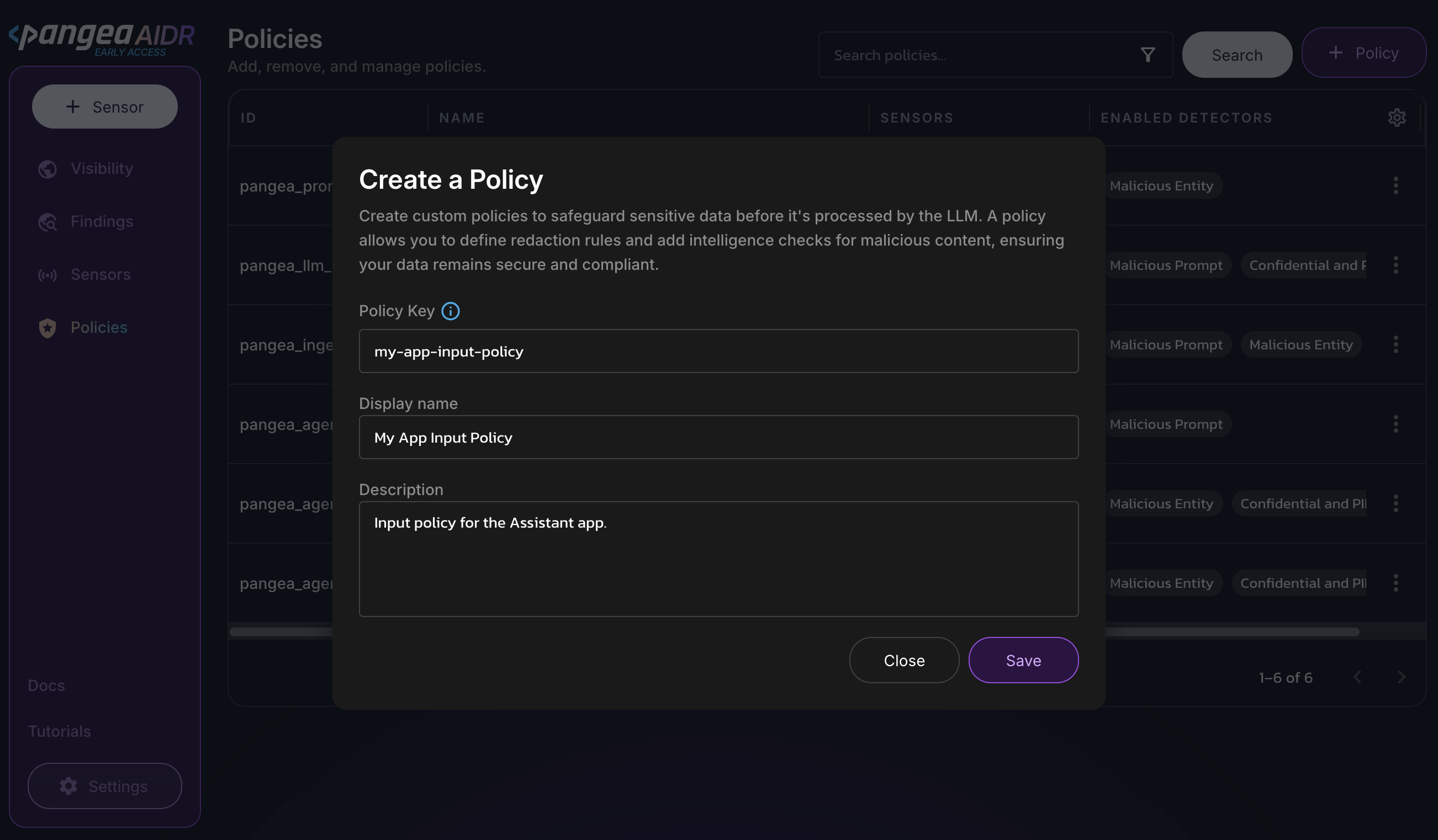 Create a Policy dialog in the AIDR console