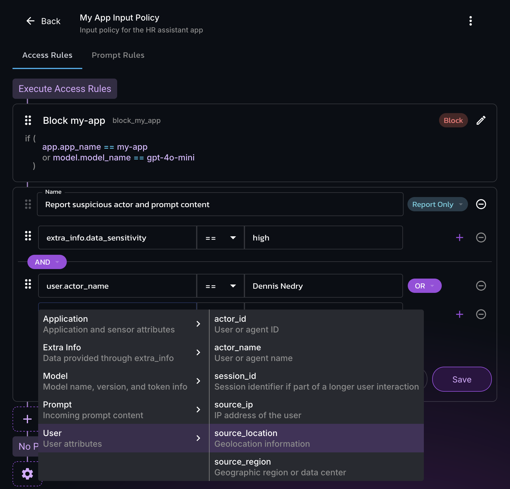 Rules editor in the Access Rules tab on the Policies page in the AIDR console