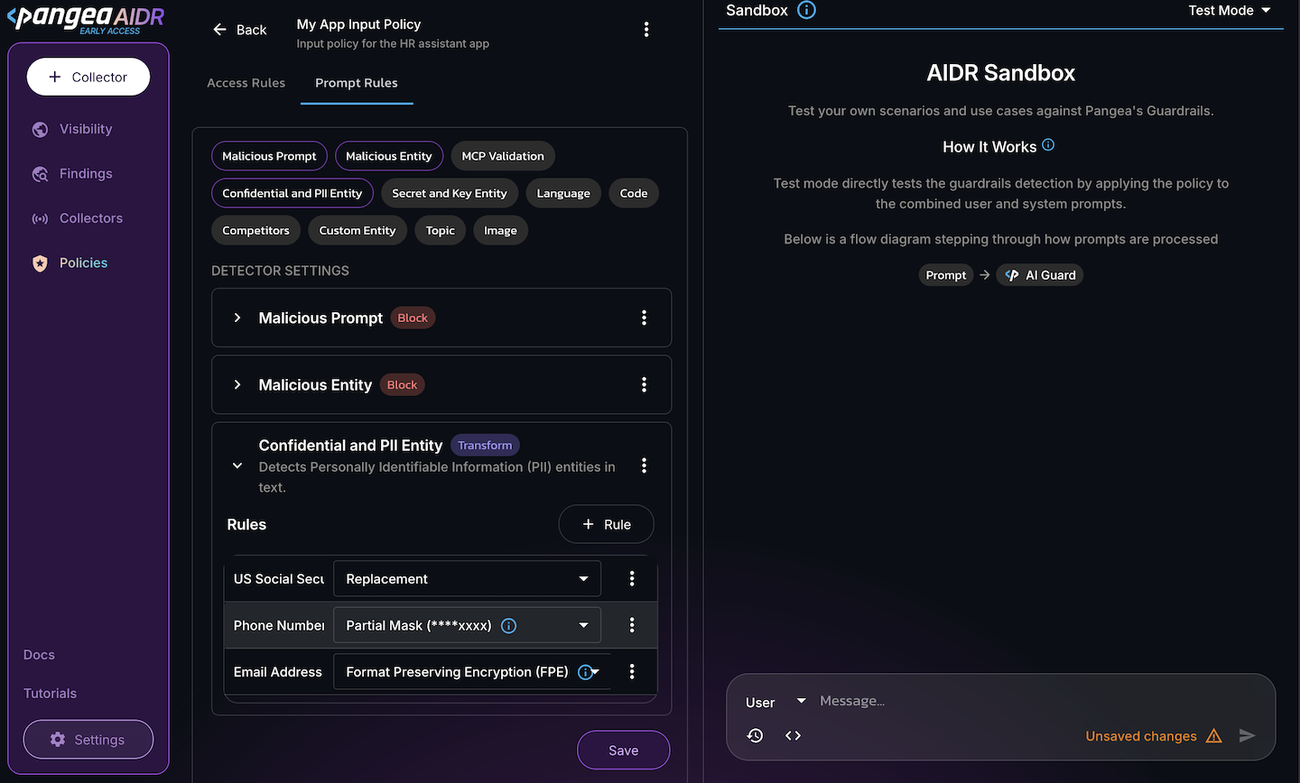 Policy Prompt Rules tab with Confidential and PII Entry detector enabled in the AIDR console