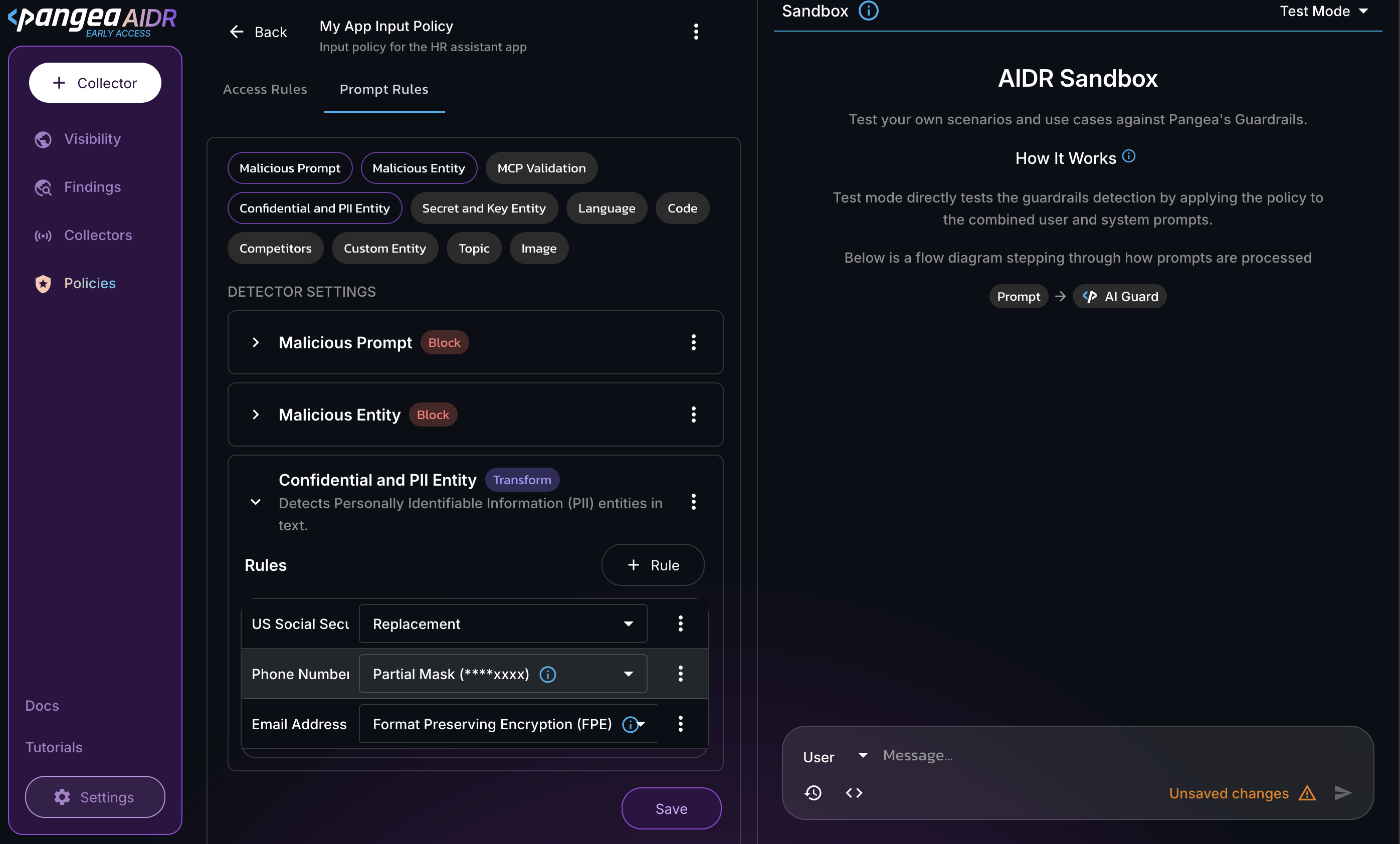 Policy Prompt Rules tab with Confidential and PII Entry detector enabled in the AIDR console