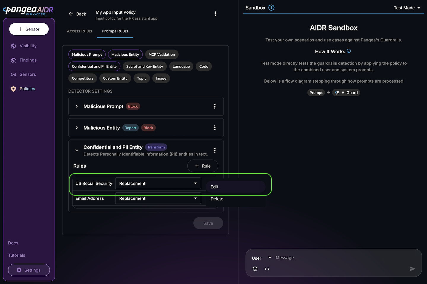 AIDR Policy rule dropdown menu with the Edit button selected in the AIDR Console