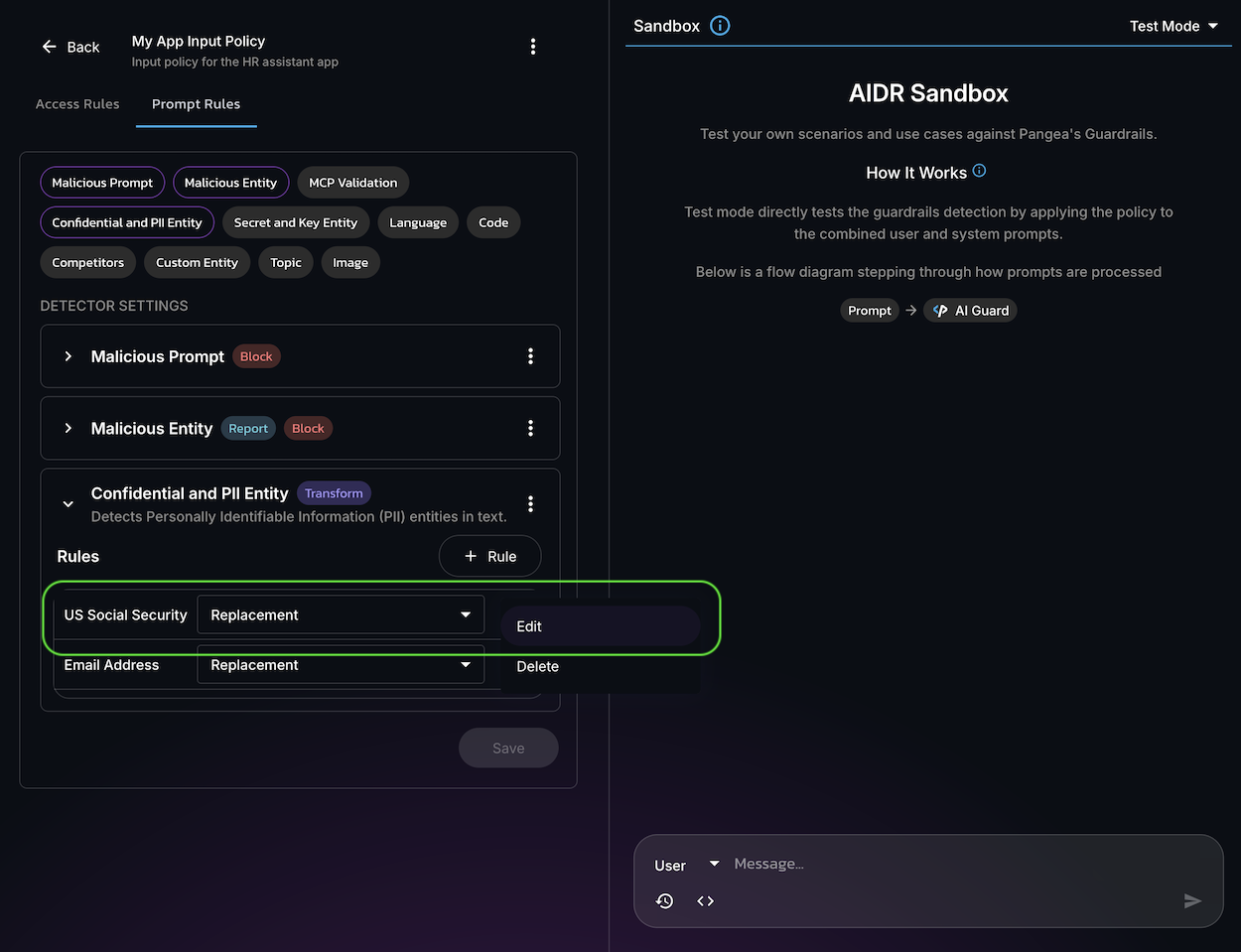 AIDR Policy rule dropdown menu with the Edit button selected in the AIDR Console