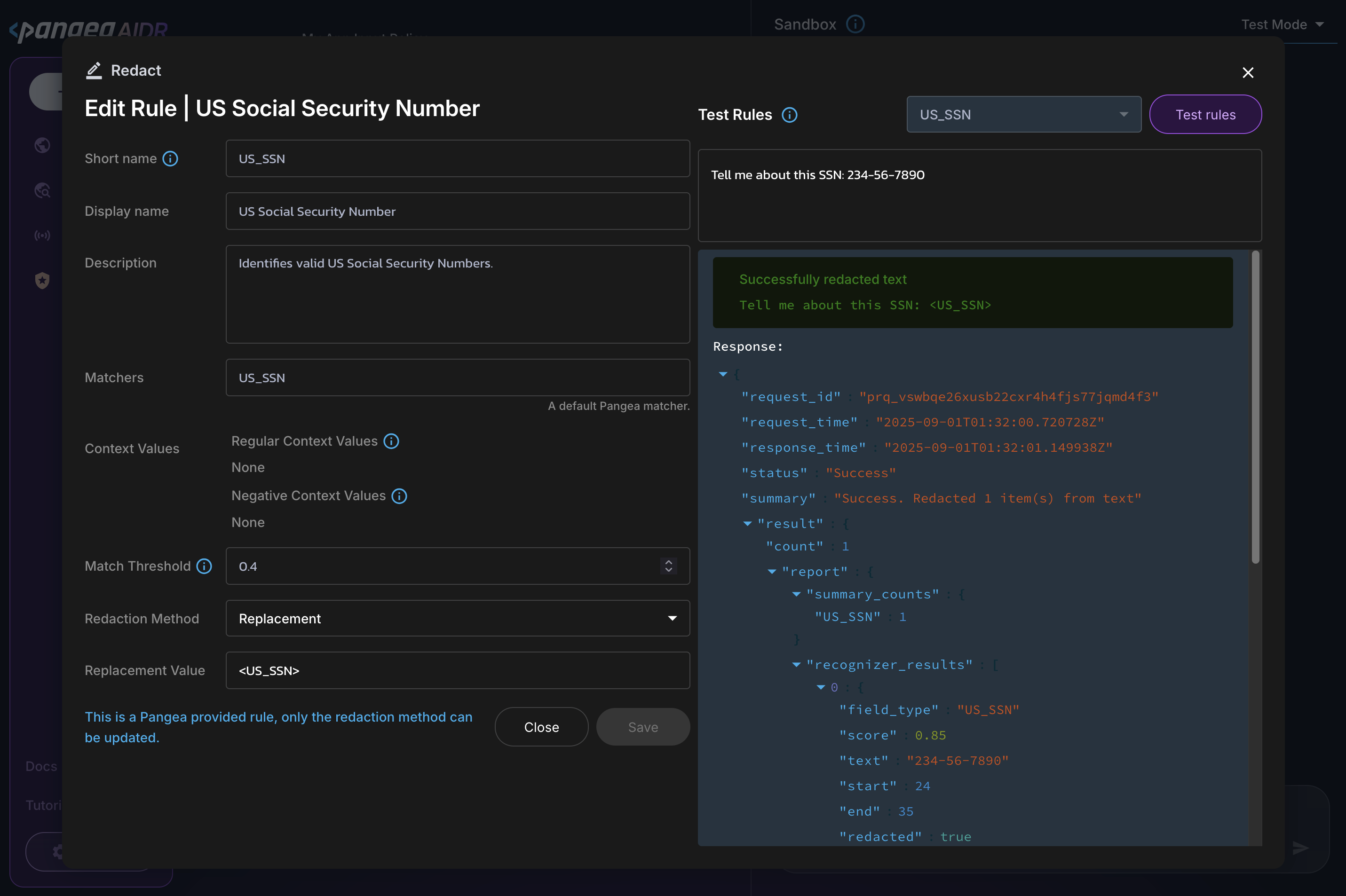 AIDR Policy rule edit form for Replacing in the AIDR Console