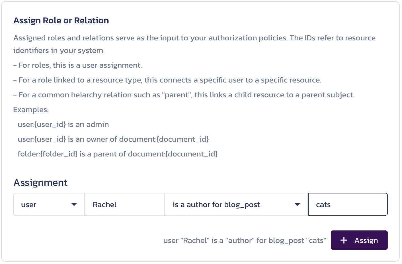 Assign Role or Relation dialog in the Pangea User Console