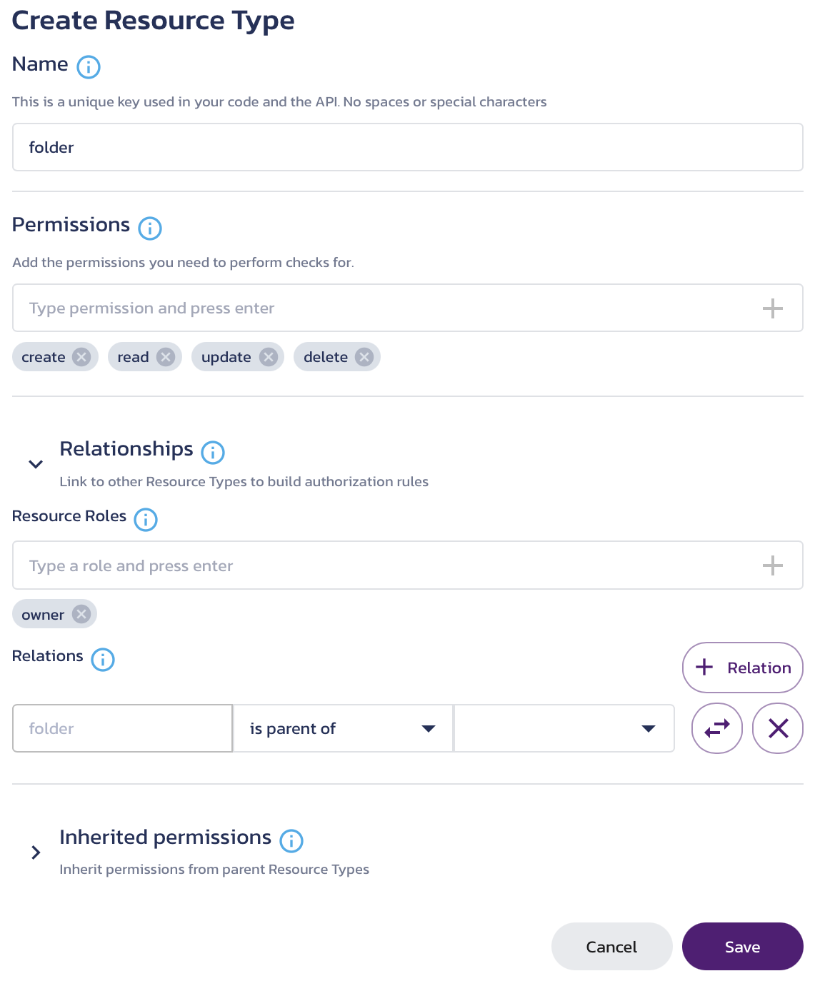 Create the folder resource type with the proper settings for inherited permissions