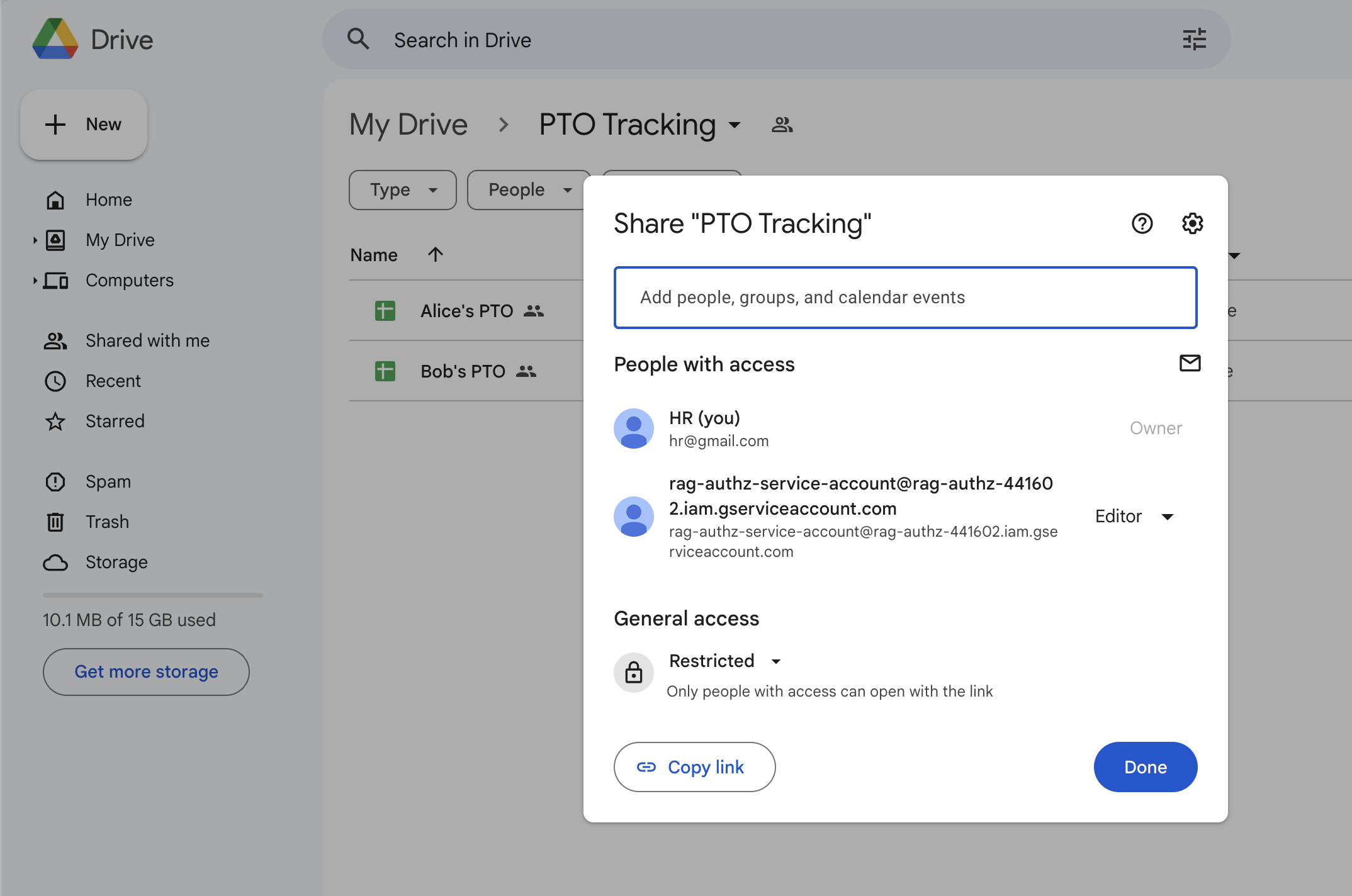 Google Drive folder sharing dialog.