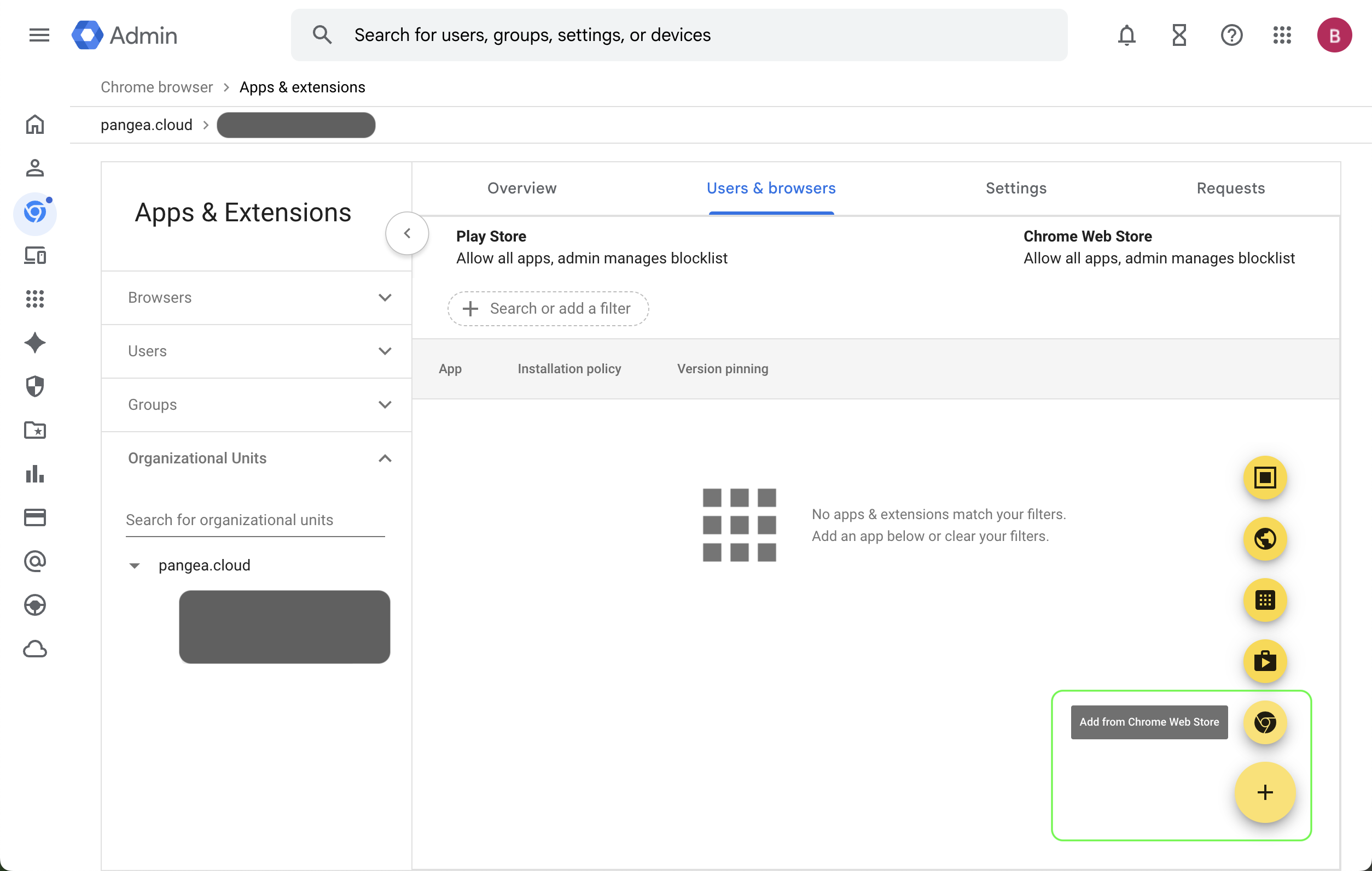 Chrome Browser &gt; Apps &amp; Extensions page in the Google Admin console
