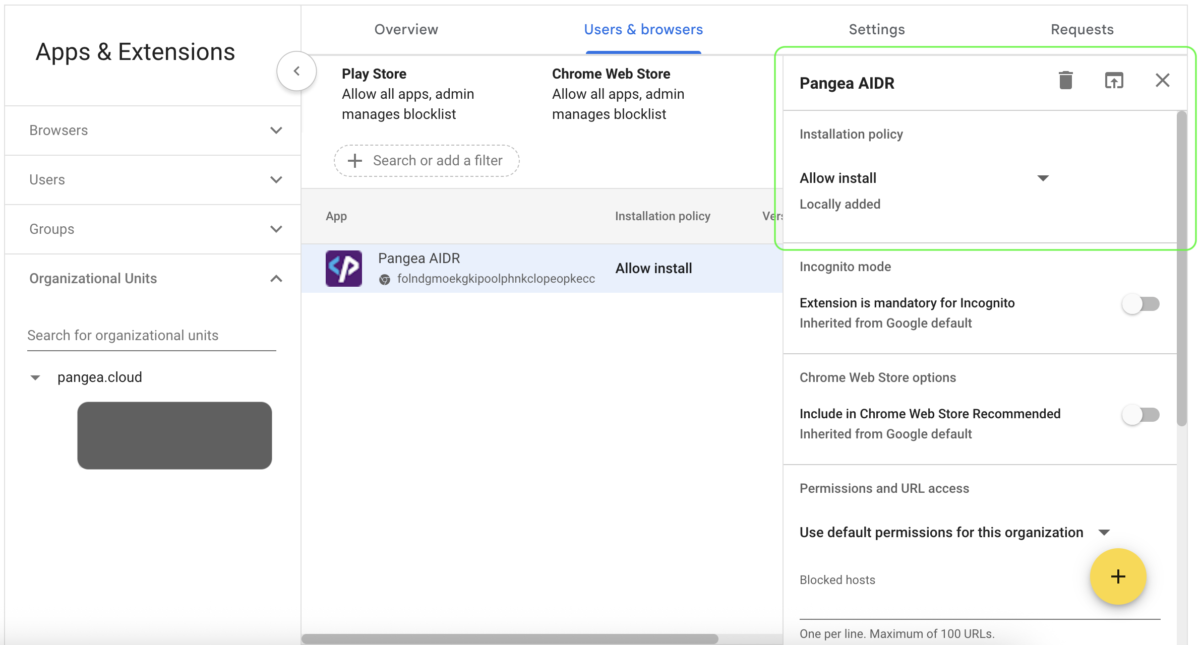 Installation policy for the Pangea AIDR Chrome browser extension in the Google Admin console