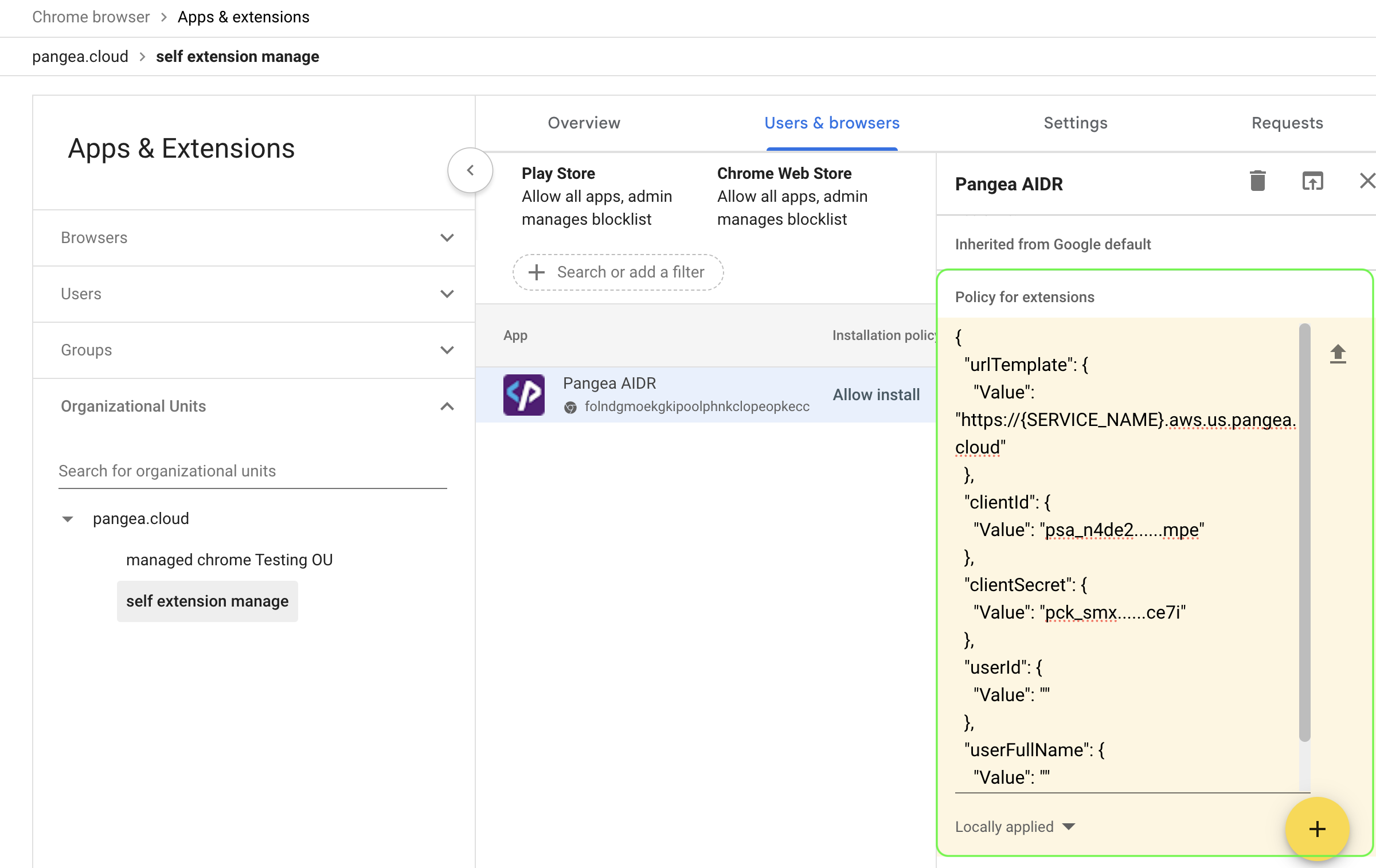 Policy for the Pangea AIDR Chrome browser extension in the Google Admin console