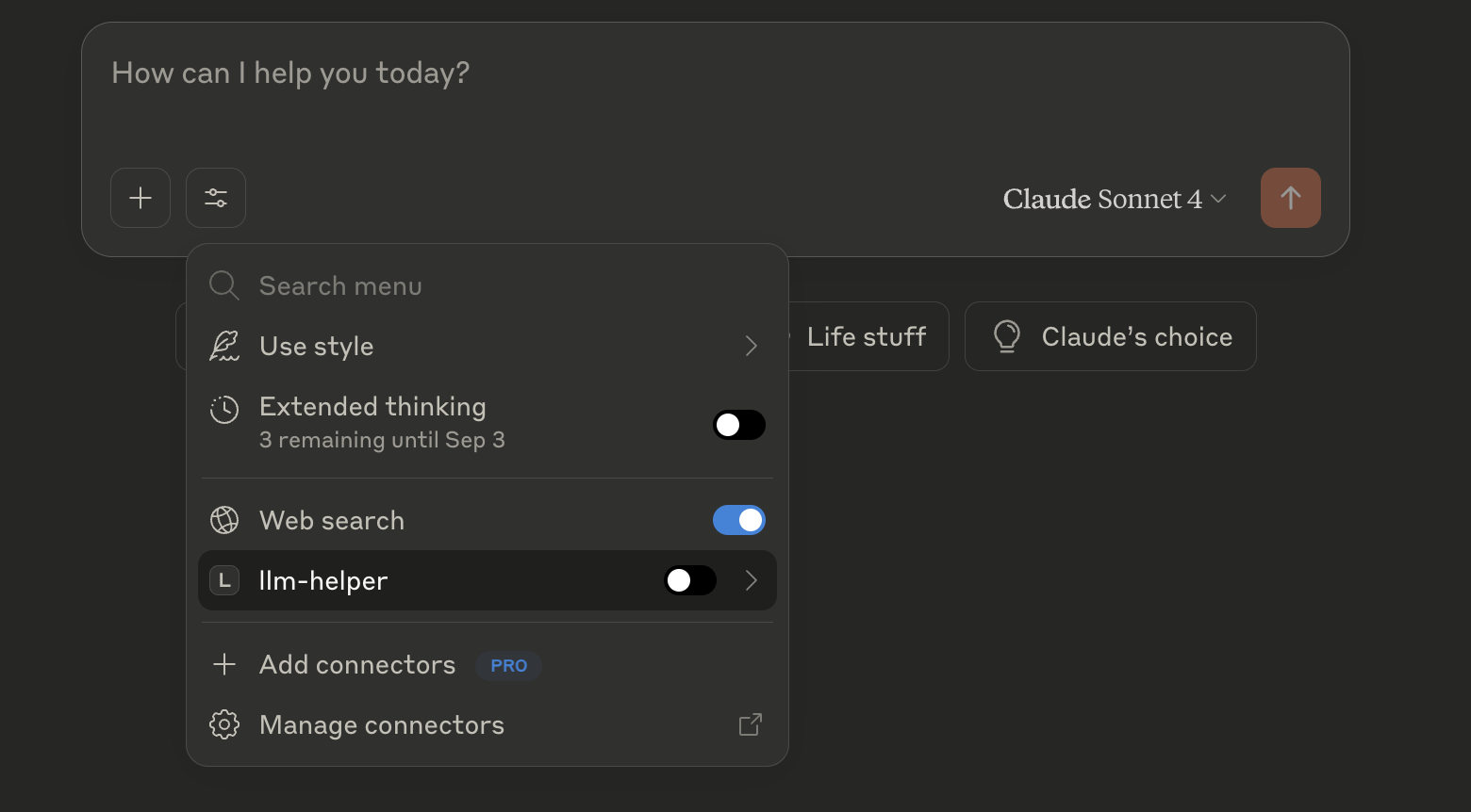 Claude Desktop chat search and tools dialog with the llm-helper MCP server disabled