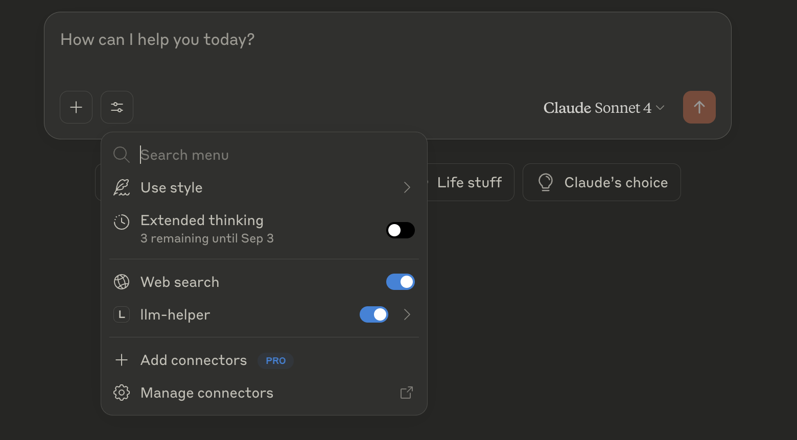 Claude Desktop chat search and tools dialog with the llm-helper MCP server disabled