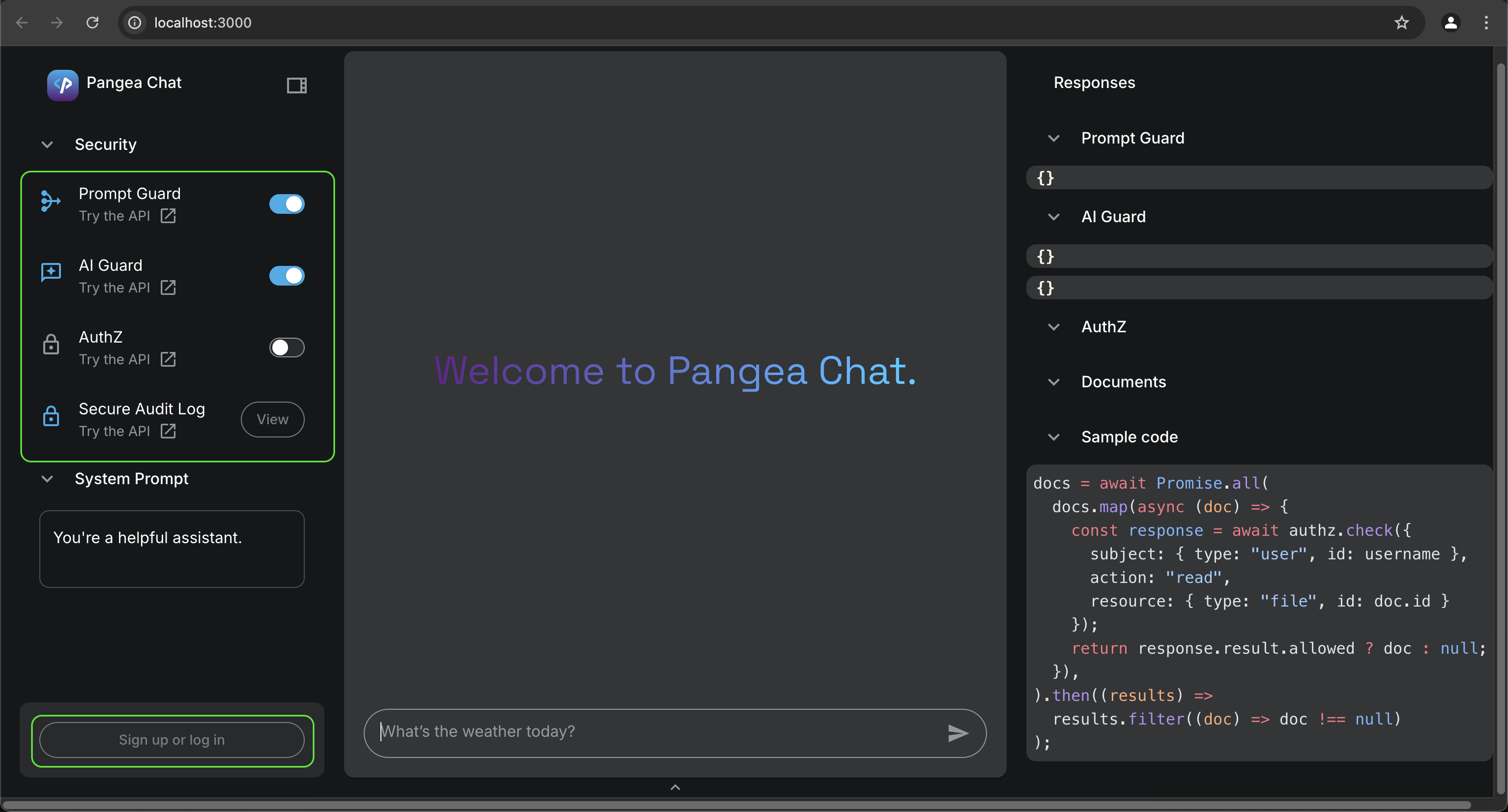 Pangea Chat AI Playground web application UI