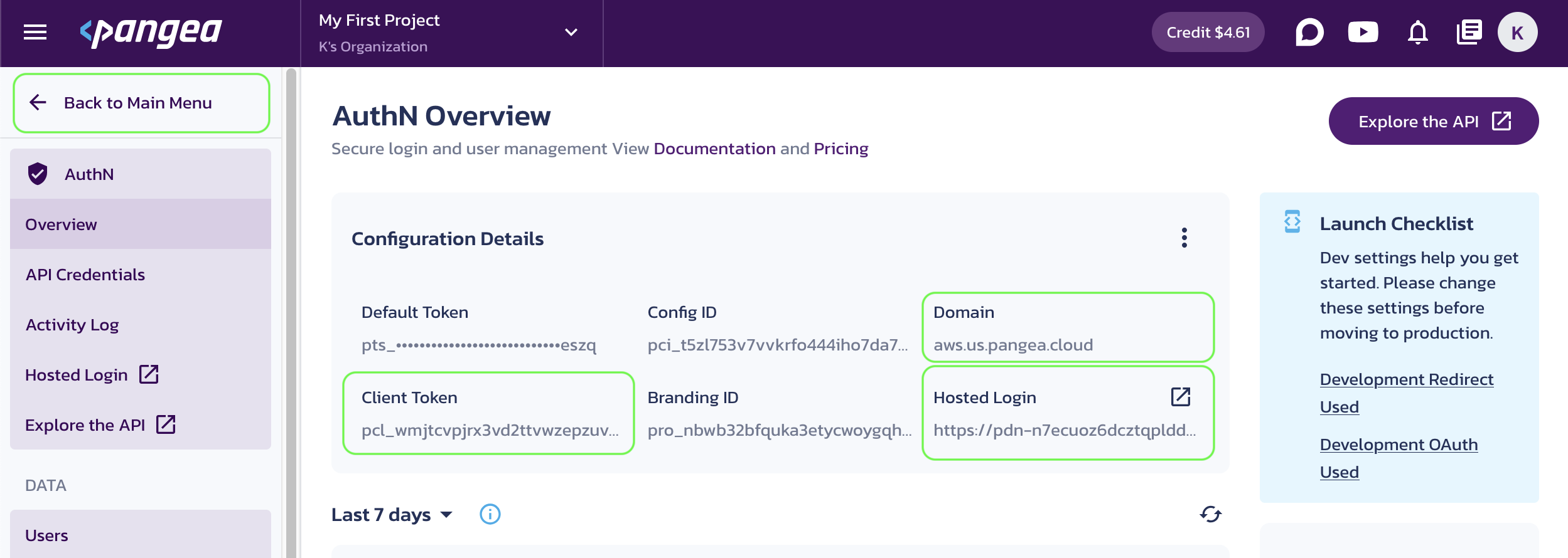 Pangea AuthN Service Overview page with the service Configuration Details in the Pangea User Console