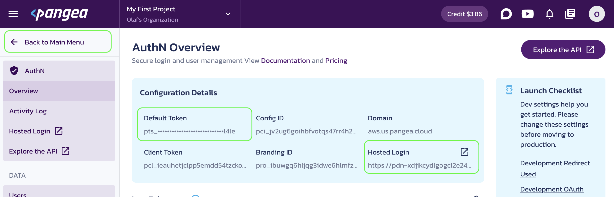 Pangea AuthN Service Overview page with the service Configuration Details in the Pangea User Console