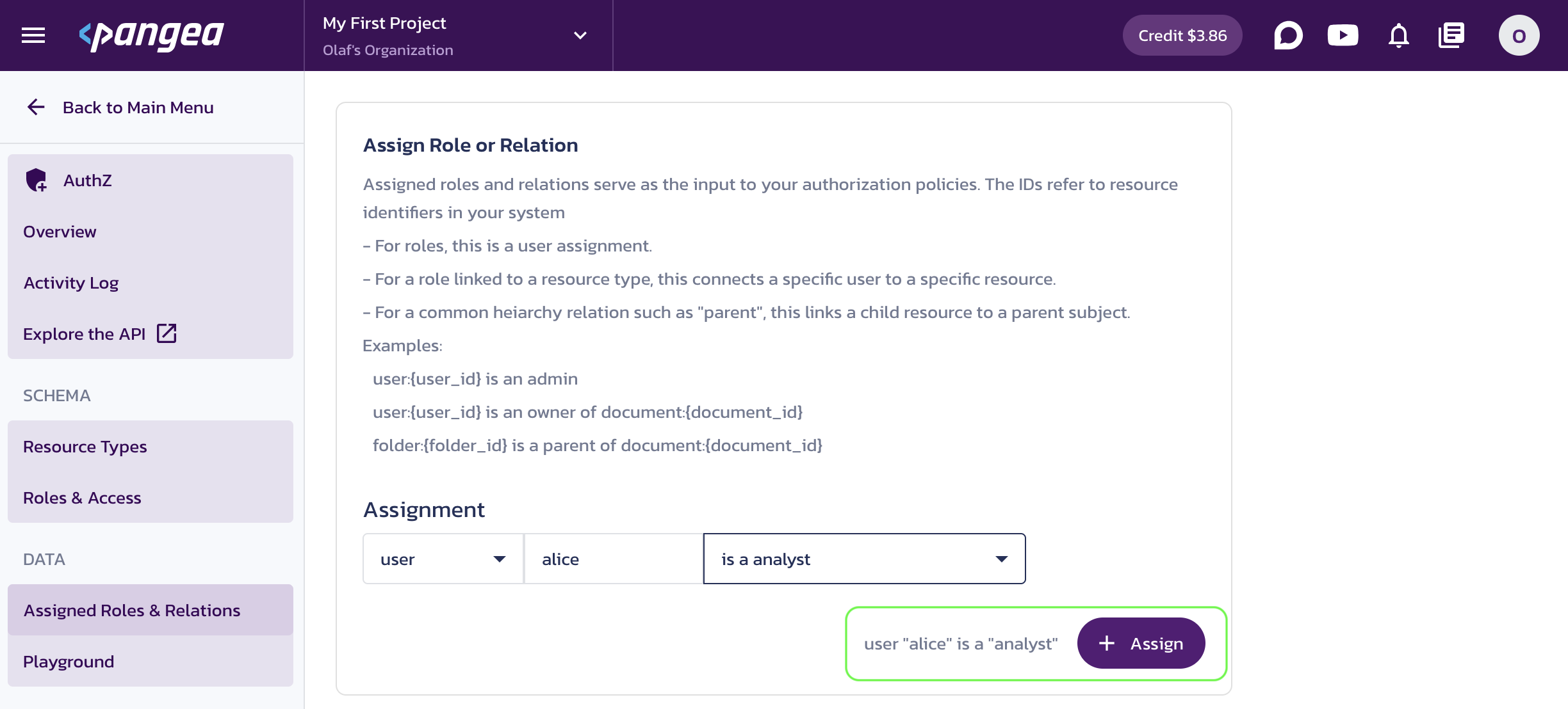 Pangea AuthZ Service Assign Role or Relation dialog on the Assigned Roles & Relations page in the Pangea User Console