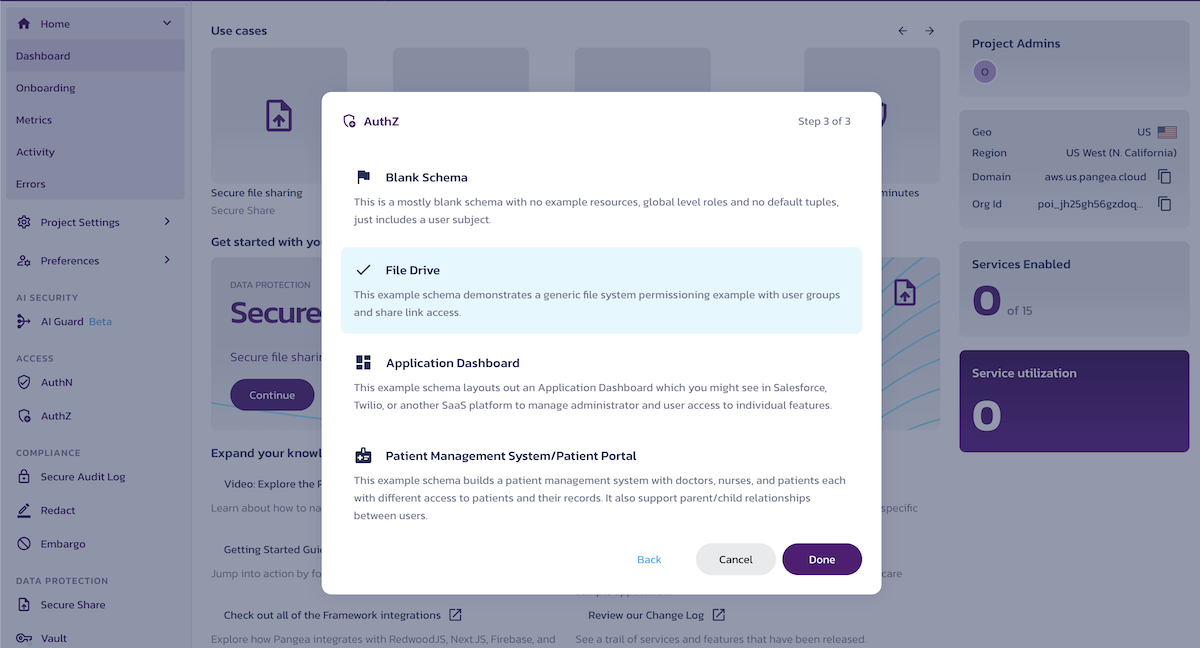 The authorization schema selection dialog in the AuthZ service enablement wizard with the File Drive schema highlighted