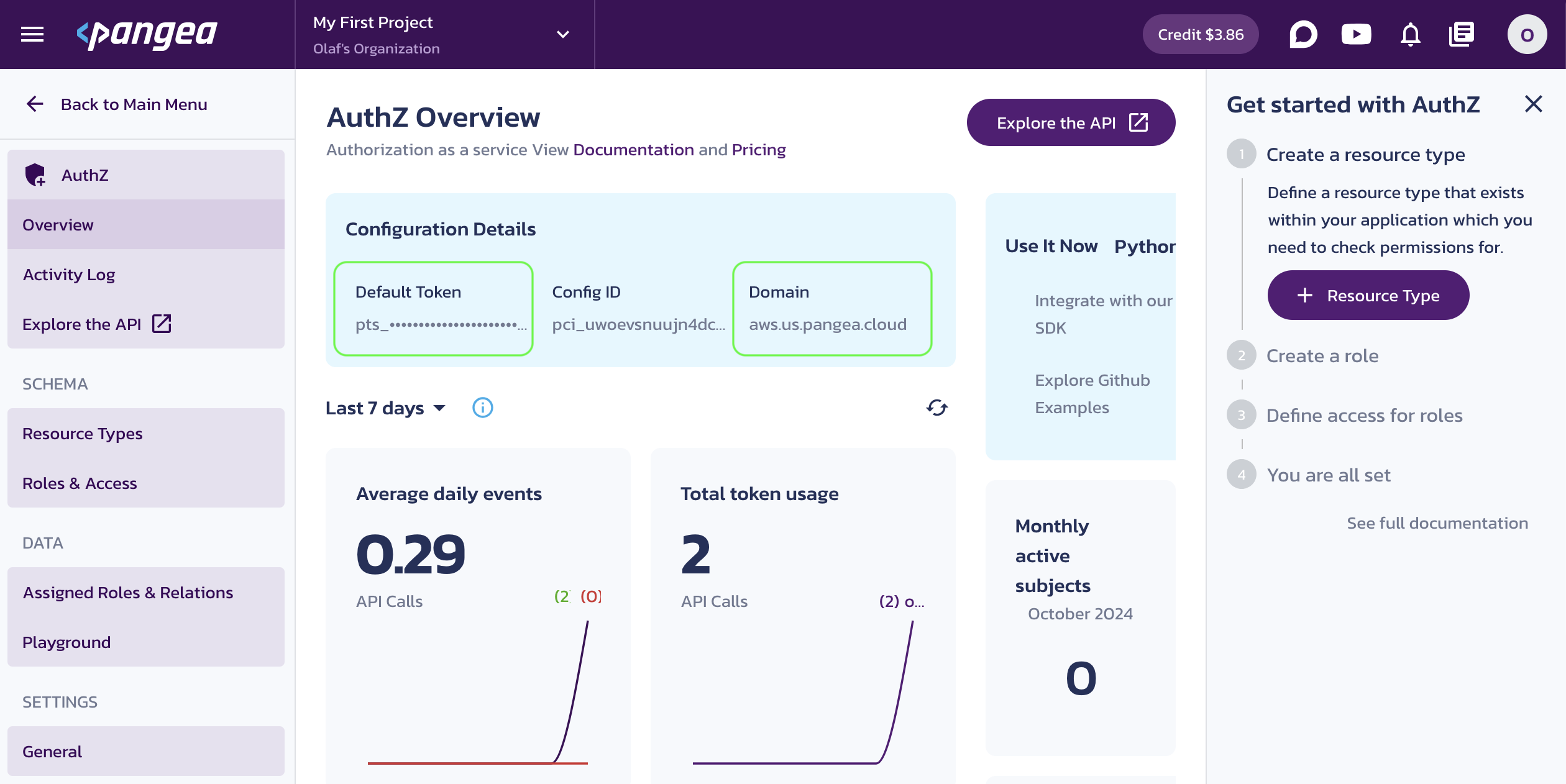 Pangea AuthZ Service Overview page with the service Configuration Details in the Pangea User Console